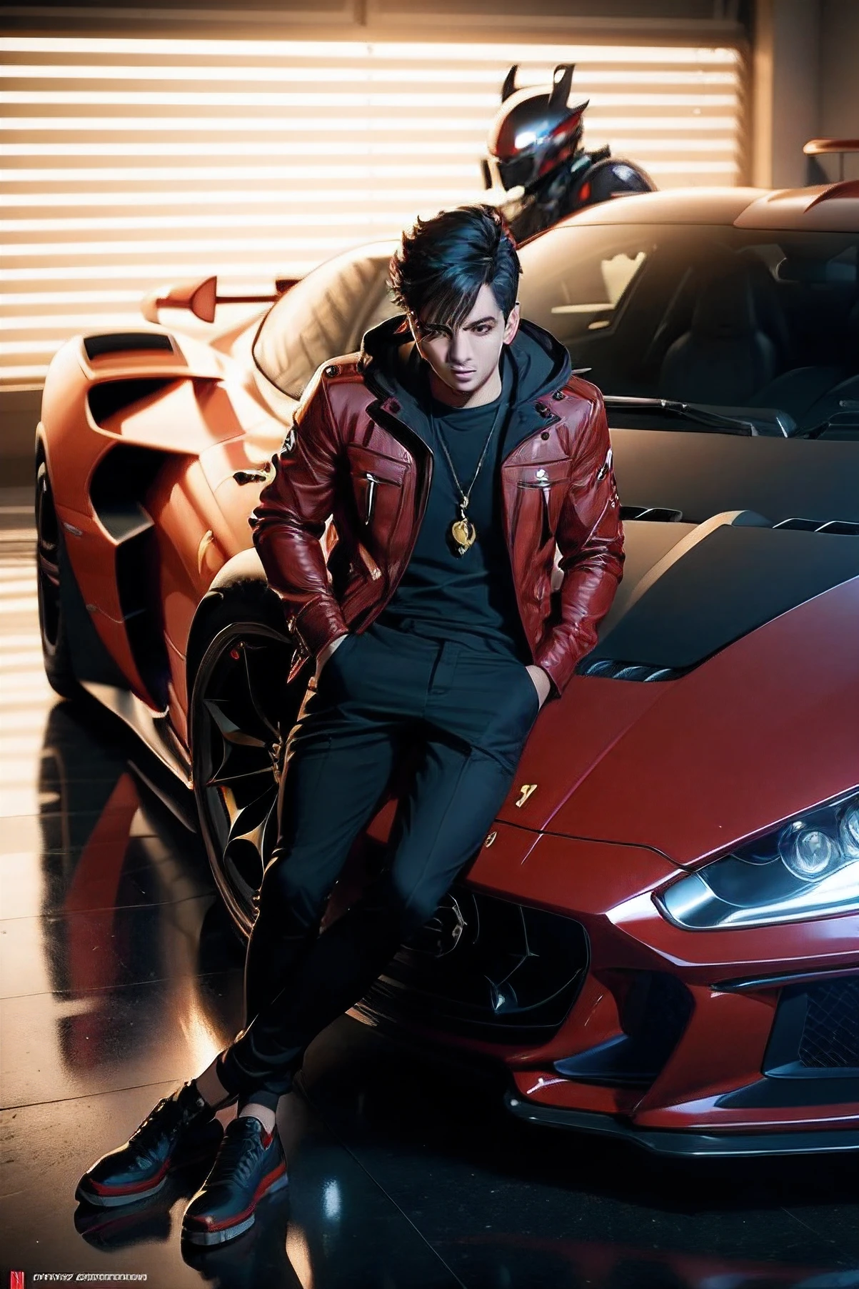 an image of a boy in a red and black costume with his ferrari car anime, wojtek fus, ross tran 8 k, cgsociety 8 k, cgsociety 8k, cgsociety 8k, realistic anime 3 d style, artgerm and atey ghailan, ilya kuvshinov. 4 k, cinematic cgsociety, cgsociety inspired