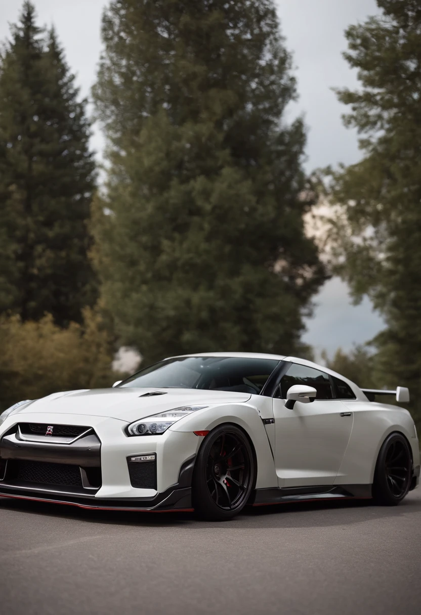 A nissan gtr r-35 with liberty walk bodykit, walk in motion on a scenic road, Masterpiece, realistic, HD, modified, nismo, hi performance, high speed, Don’t make photos too cartoony. Showing the integration between the car and the environment.