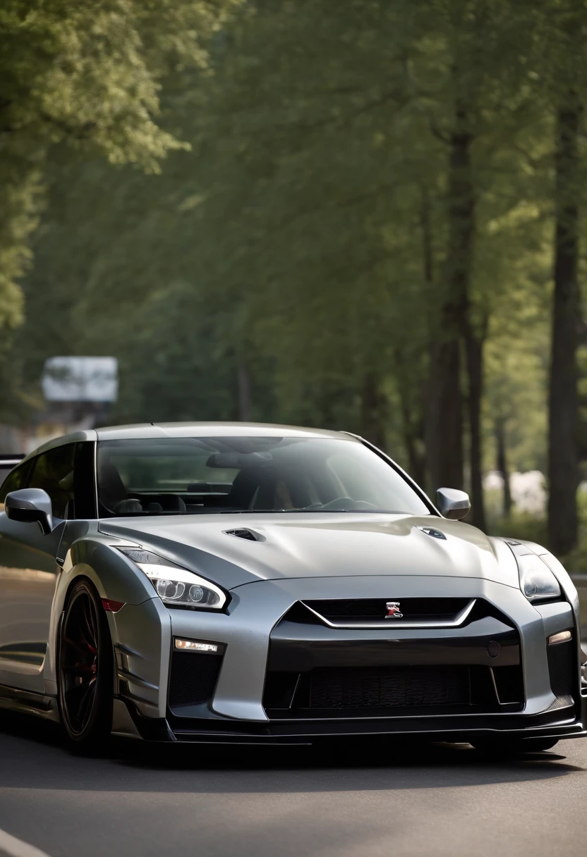 A nissan gtr r-35 with liberty walk bodykit, walk in motion on a scenic road, Masterpiece, realistic, HD, modified, nismo, hi performance, high speed, Don’t make photos too cartoony. Showing the integration between the car and the environment.