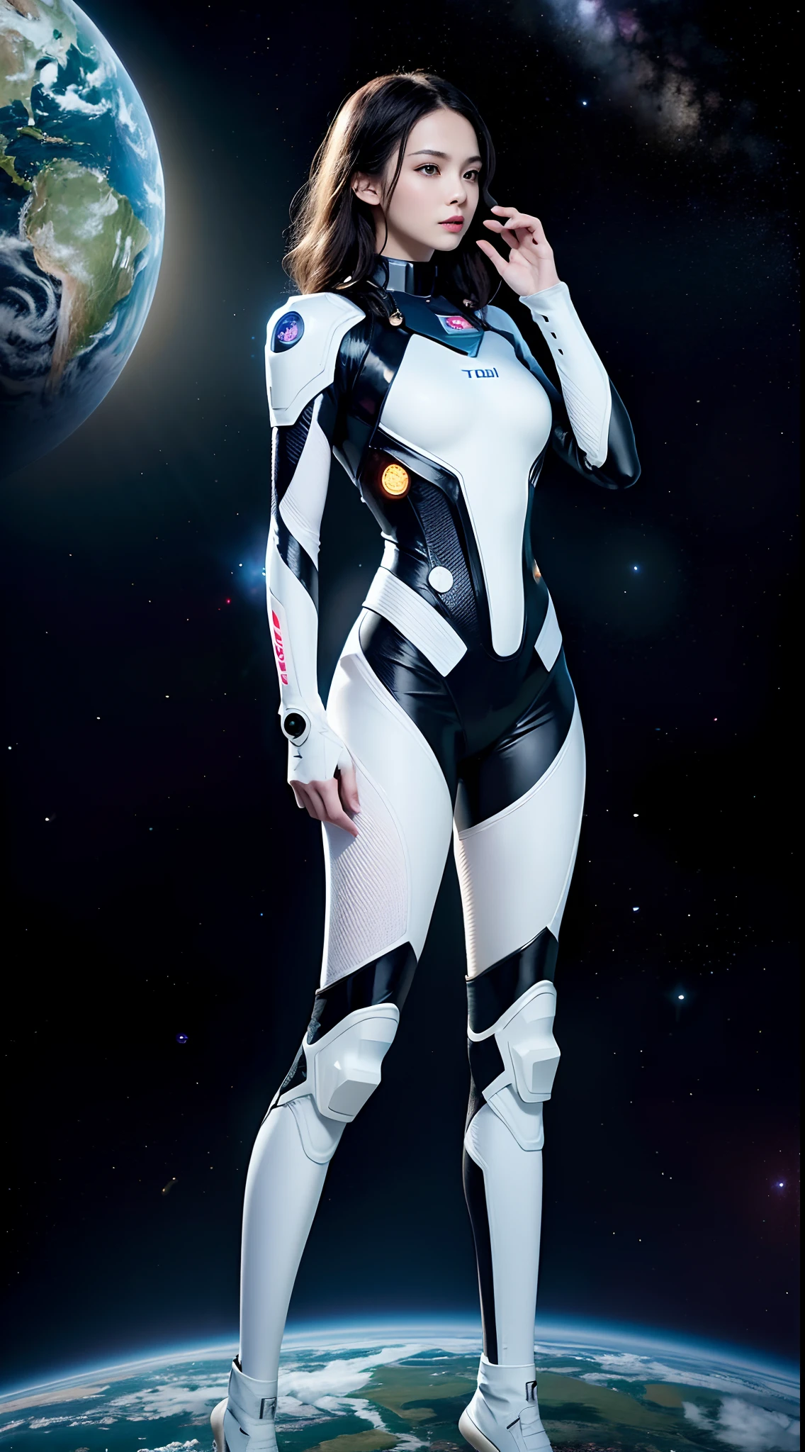 (tmasterpiece:1.2),best qualtiy,In space,(nigh sky,medium lenght hair:1.2),(illustratio:1.2),lindo cenario,dreads,(Elaborate luminescence,lens flare glow),(Hyper-detailing),Hyper-detailing,(exquisitedetails),(complexdetails),(Movie light,Best quality backlight),清晰的线条,New world,peeping at the viewer,Solo Woman,(Space Girl,the space),Oriental women,Girls are modeling figures,Solo Woman,Perfect body,Beautiful girl,(1girll),(Bright bioluminescent hair,bright glowing eyes),(galaxias,Alien planet),(Astronaut wearing sexy futuristic style white tight spacesuit:1.1),(The material of the spacesuit is extremely light),The girl has a slender waist,smallunderboob, Big breasts Thin waist,bare shoulders,Bare legs,exposed waist,Latex tight spacesuit,The chest of the spacesuit shows the starry sky,Slightly closed eyes,(cyber punk perssonage),(dyna:1.3),(putting makeup on)),hight contrast,(The best lighting,Extremely refined and beautiful),((Movie Moonlight)),Extremely colorful,((Photoshop Pastel Painting:1.1)),aethereal,(Movie Masterpiece),suspense,Funk,(Starskrim),splash of color,absolutly eye-catching,((Caustics)),dynamic angle,big breasts beautiful(detailed glow),(spine-chilling),(Intricate movie scenes behind it:1.2),Environmental occlusion, (Ambient moonshine), ray-traced reflection, intricately detailed visible background , (Glowing spacesuit), terroral, (Bioluminescent vegetation:1.2), terroral, uneasy, A futuristic, terroral, (Hologram heads-up display), (Delicate Great Comet)