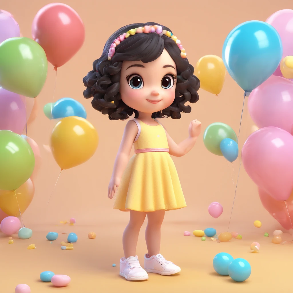 Cute, Chibi, Little baby girl, bright skin, Brown eyes, short black curly hair, Party dress in yellow pink and blue pastel color with candy design, White sneakers, Portrait, 3D Rendering, High quality, ( Plain background), (Perfect hands), (Full body), Female, 8K