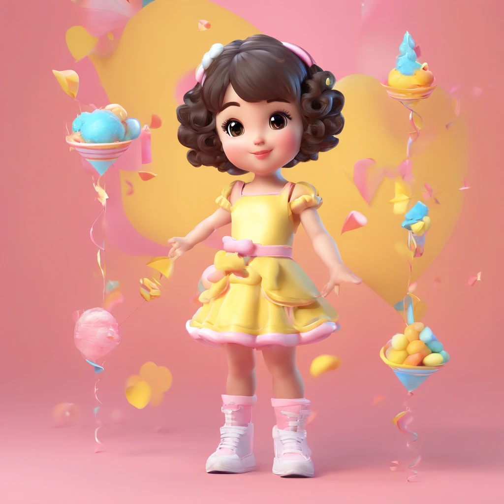 Cute, Chibi, Little baby girl, bright skin, Brown eyes, short black curly hair, Party dress in yellow pink and blue pastel color with candy design, White sneakers, Portrait, 3D Rendering, High quality, ( Plain background), (Perfect hands), (Full body), Female, 8K