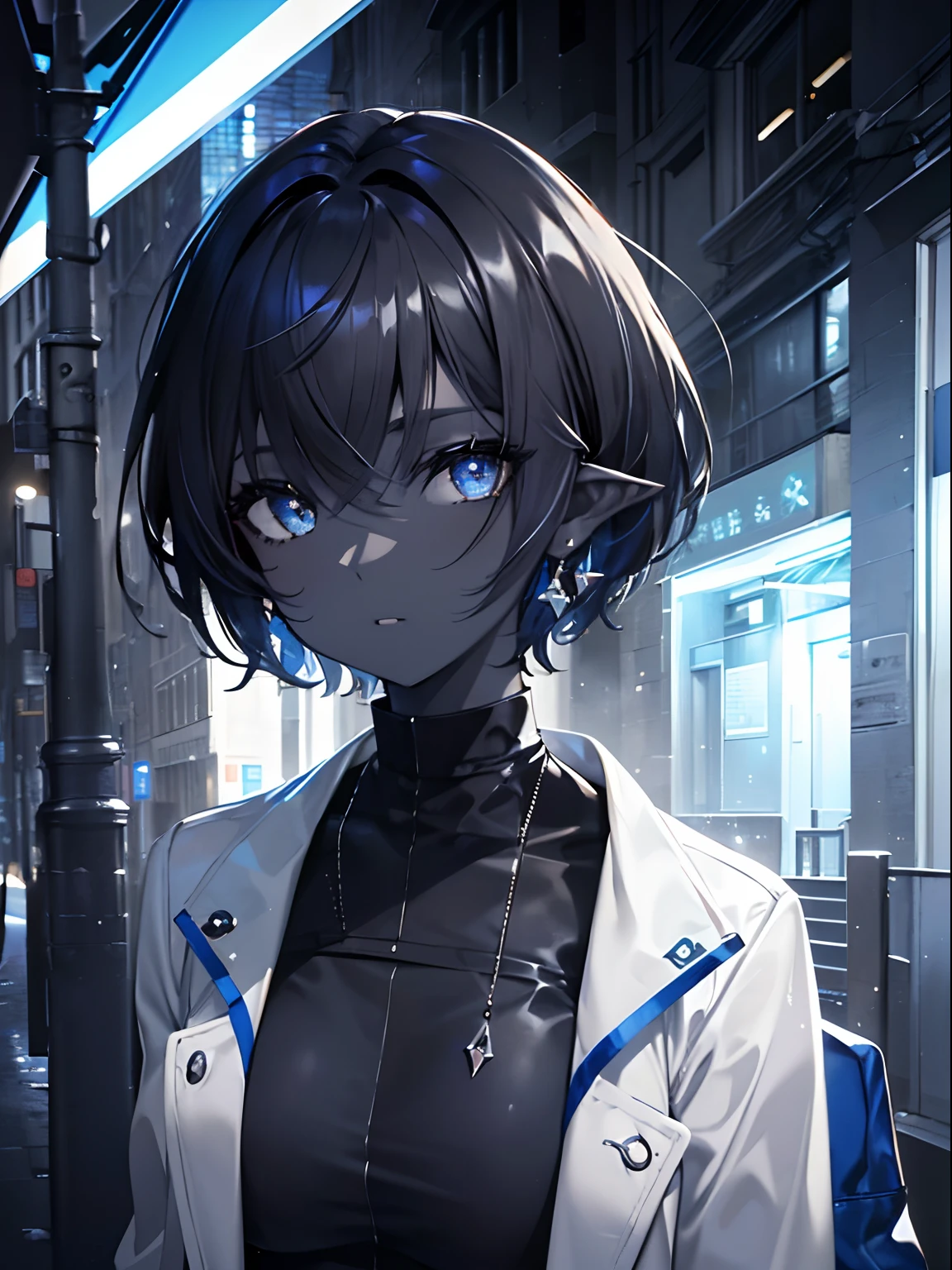 (Masterpiece, Best quality, ultra high resolution),1girl,short hair,(colored skin, black skin), Brown skin,pointy ears,beautiful and detailed face, detailed eyes,rock fashion, white jacket,in the street,night,((grey and blue theme)), looking at viewer