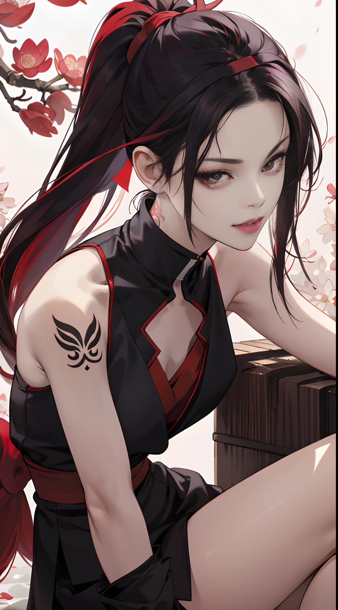 a 20 yo woman,Red-black mesh hair,long,poneyTail,sharp eye,Beautie,ssmile,Kunoichi,Black attire,Cherry decoration,Komono,Komono,Sleeveless,Exposed skin a lot,up chest,Red lotus tattoo,head band(reddish),head band,Forehead Rest,Tempered body,Delicately drawn realistic illustrations,Full body close-up,facing the front there,fight,Cherry blossom background,Realistic depiction