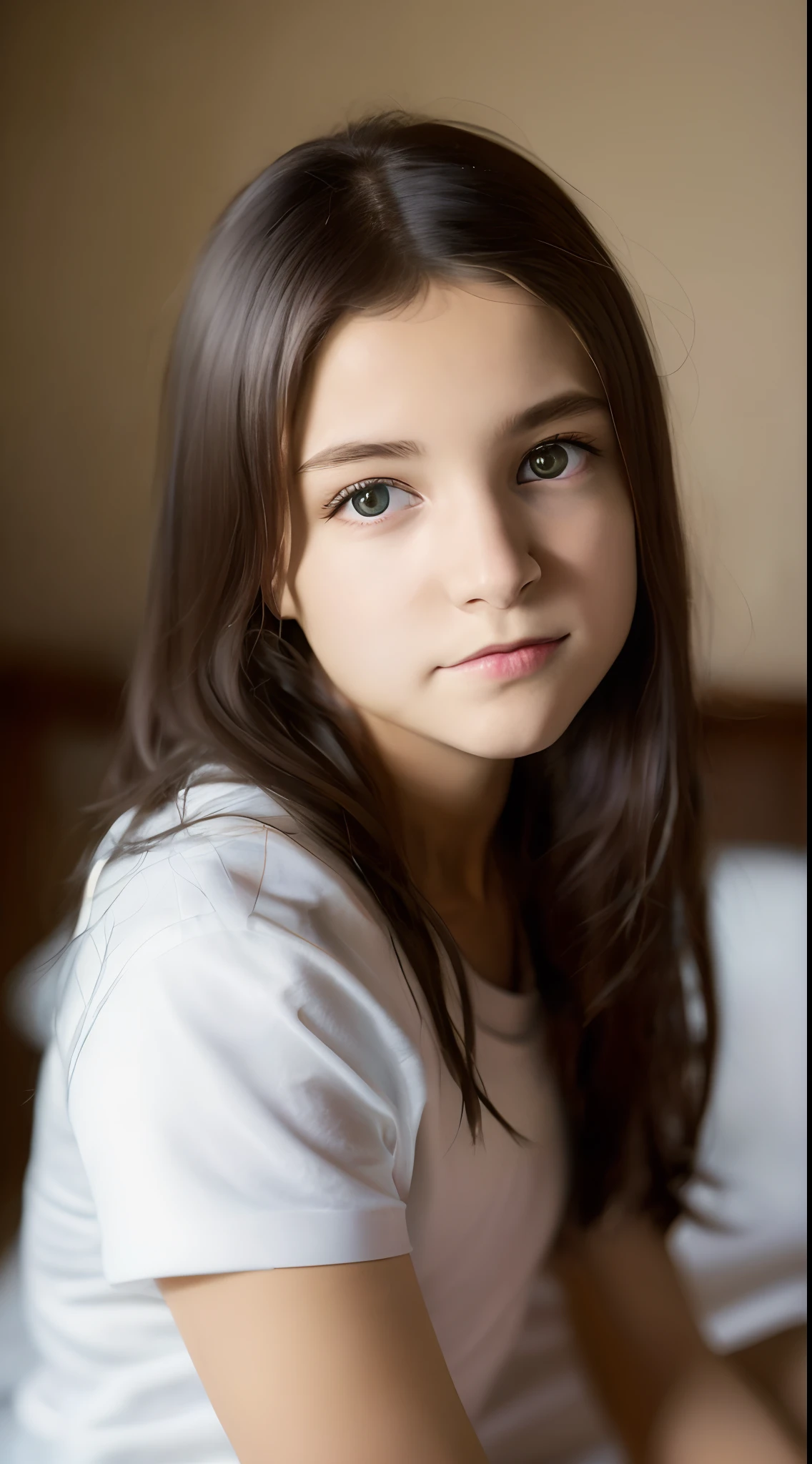 Retrato de uma adolescente ,de queixo quadrado,fofa de anos, com um rosto perfeito e bonito, russo, de calcinha, na cama (estudo privado escuro, escuro, Atmospheric Light: 1.2),cabelo curto, cabelo pequeno , menina linda