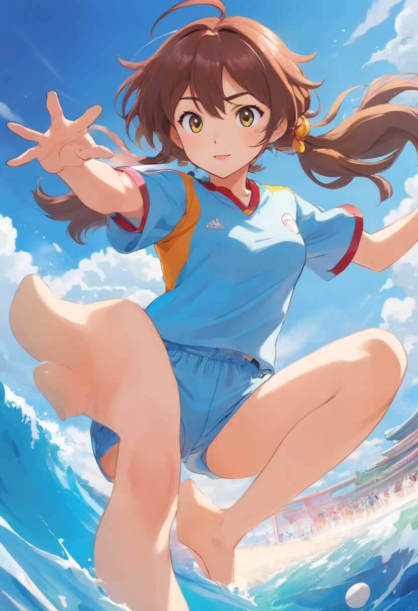Sports girl，Starting position，Asian Games，Smudge，Faraway view，super-fine，ultra - detailed，high qulity，8K ，oc rendered，dynamic viewing angle