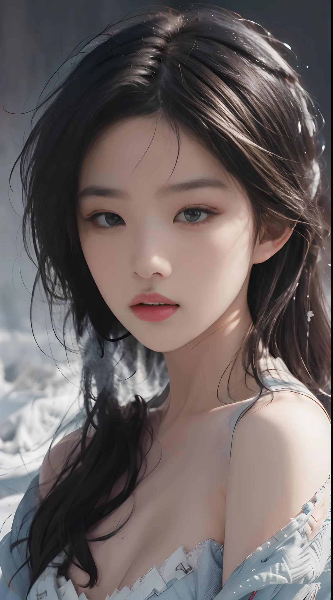 Best Quality, Masterpiece, Ultra High Resolution, Super Model, Shoulder Bust Portrait Photo, (Realism: 1.8), Original Photo, 1girl, Bare Shoulders, In the Dark, Deep Shadow, Understated, Cold Light