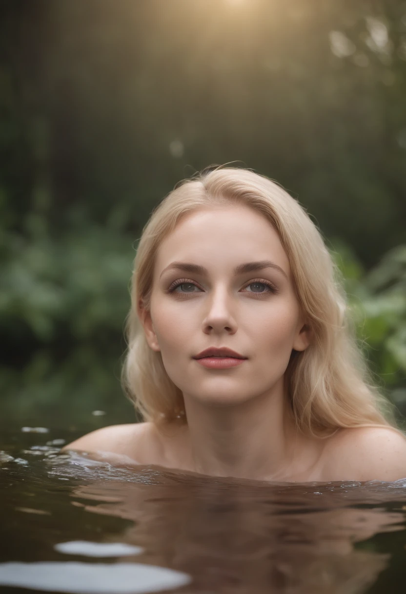 close up portrait of a stunning [albino woman] bathing in a river, reeds, (stunning|flawless|attractive|gorgeous|pretty), detailed lips and skin, perfect lips and skin, [violet heterochromia pink eyes], big cheeks, gigantic breasts, chubby cheeks, albino pubic hair, (albino eyebrow), albino skin, messy long wet albino hair
