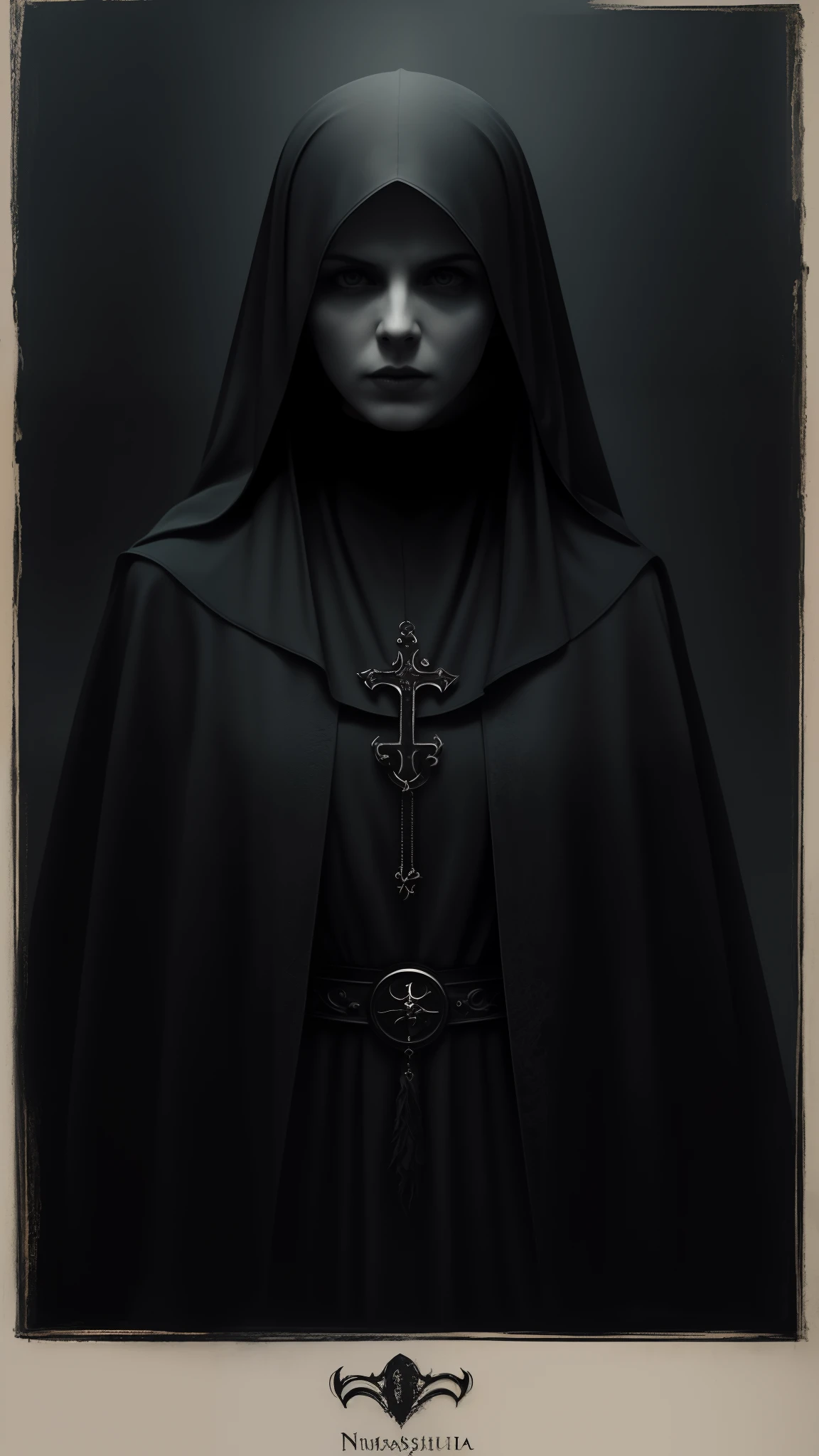 (best quality,4k,8k,highres,masterpiece:1.2),ultra-detailed,(realistic,photorealistic,photo-realistic:1.37),nun,horror,movie poster,gothic style,dark,haunting,ominous atmosphere,eerie lighting,ghostly figure,shadowy silhouette,religious iconography,crumbling abbey,ancient architecture,moonlit sky,mysterious mist,ominous clouds,dramatic composition,detailed textures,mood-inducing color palette,symbolic elements,creepy atmosphere,subtle but chilling details,subdued color scheme,suspenseful mood,hauntingly beautiful,classic and timeless style,sinister presence,demonic imagery,ethereal nun,threatening aura,ominous script font,visually stunning,eye-catching design,impressive details,distinctive visual style,compelling and mysterious,label with movie title,tagline in bold font.