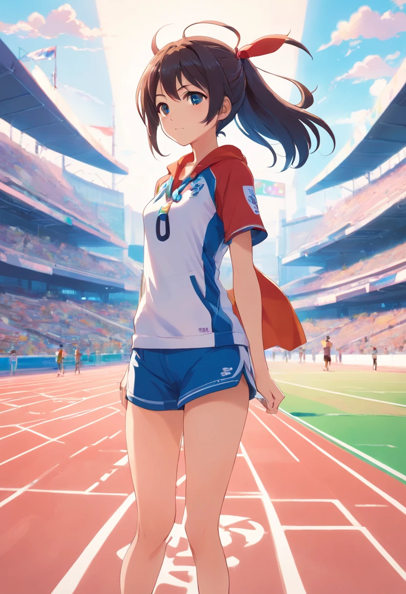 Sports girl，Starting position，Asian Games，Smudge，Faraway view，super-fine，ultra - detailed，high qulity，8K ，oc rendered，dynamic viewing angle