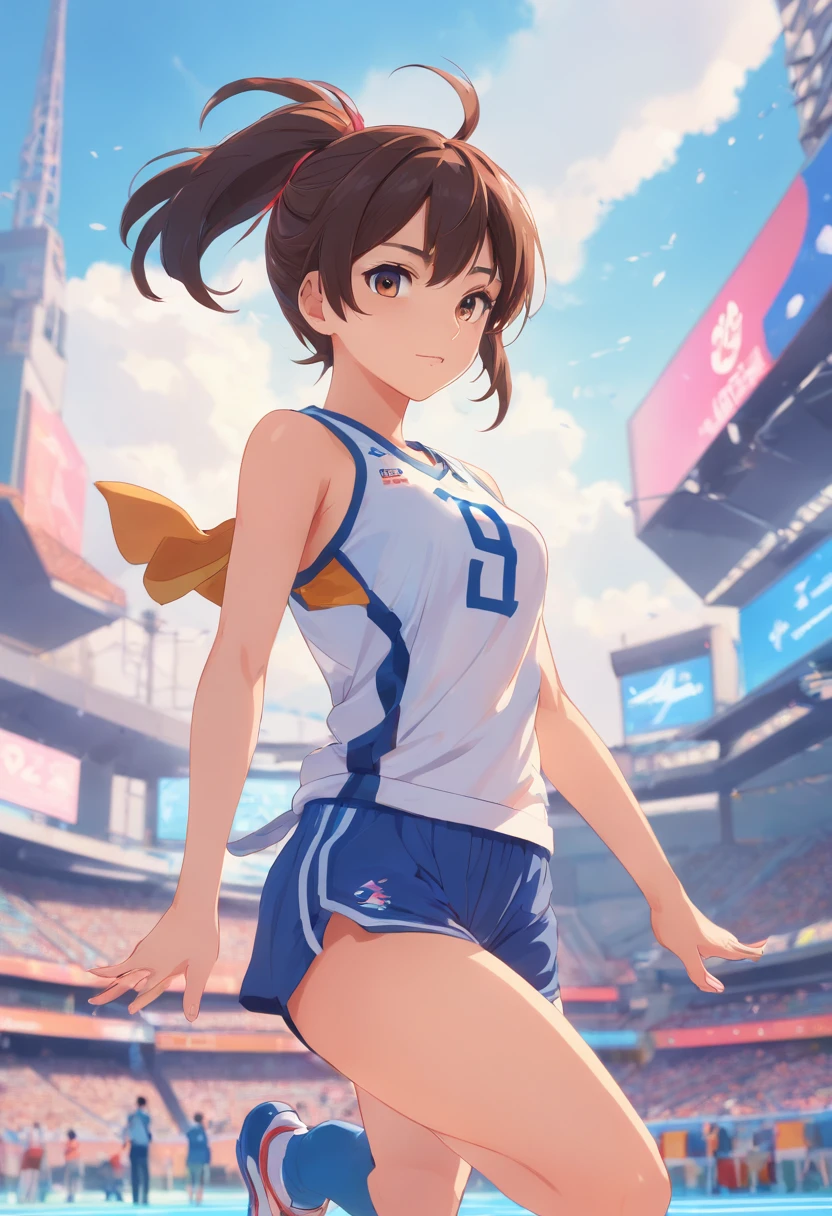 Sports girl,Starting position,Asian Games,Smudge,Faraway view,super-fine,ultra - detailed,high qulity,8K ,oc rendered,dynamic viewing angle