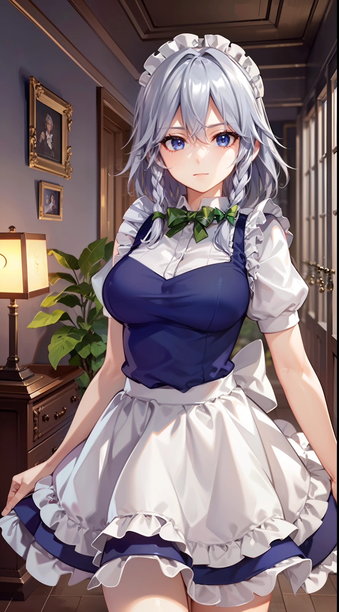 (Unity 16K Wallpaper, masutepiece, Best Quality, Ultra-detailed, extremely details CG, Cinematic lighting, Detailed, Beautiful detailed eyes, Solo),超A high resolution,Fine skin,A sexy,maid, maid apronl, Maid headdress,Knives