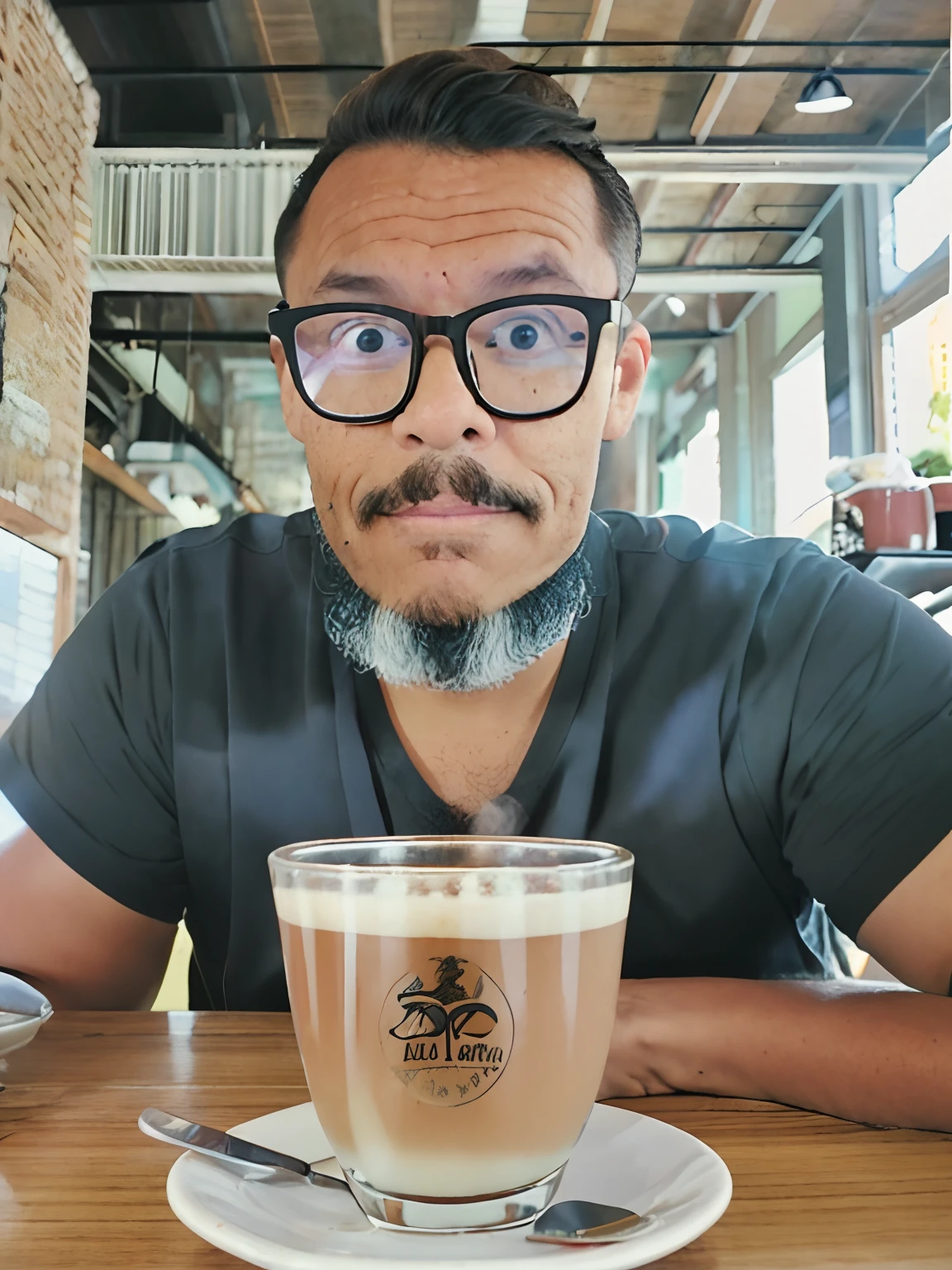 guttonerdvision10, estudio ghibli, There's a man with glasses and a beard holding a glass, aboriginal australian hipster, with nerdy glasses and goatee, with glasses and goatee, pose without coffee, enjoying coffee at a coffee shop, portrait of morning coffee, drinking a coffee, drinking coffee, drinking a cup of coffee, Homem na casa dos 40 anos