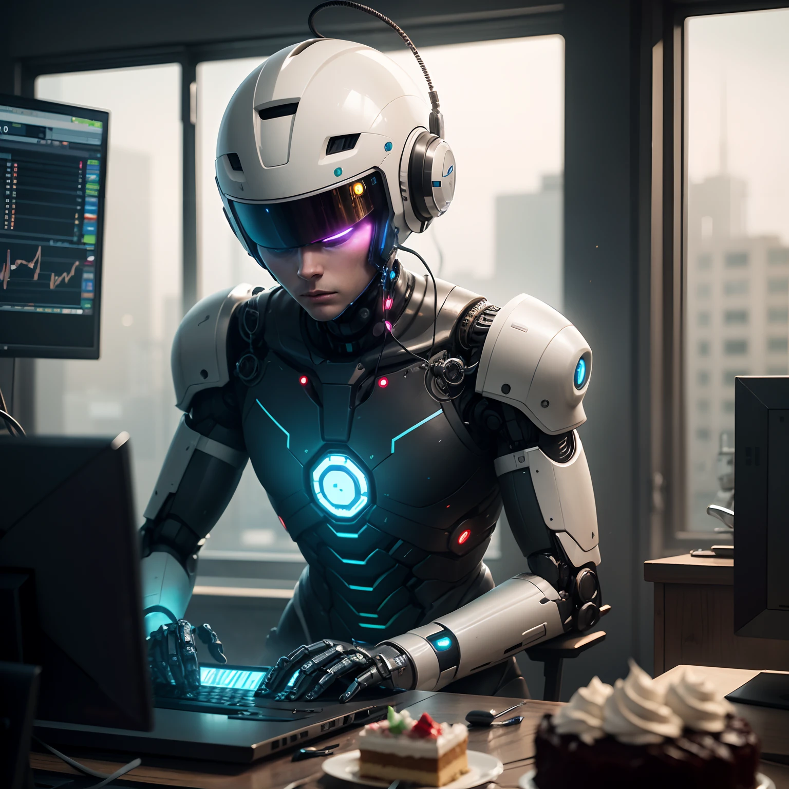 cinematic still shot, robot ai full bot working on computer trading forex ( wearing a cyber helmet ) , tiramisu cake aside