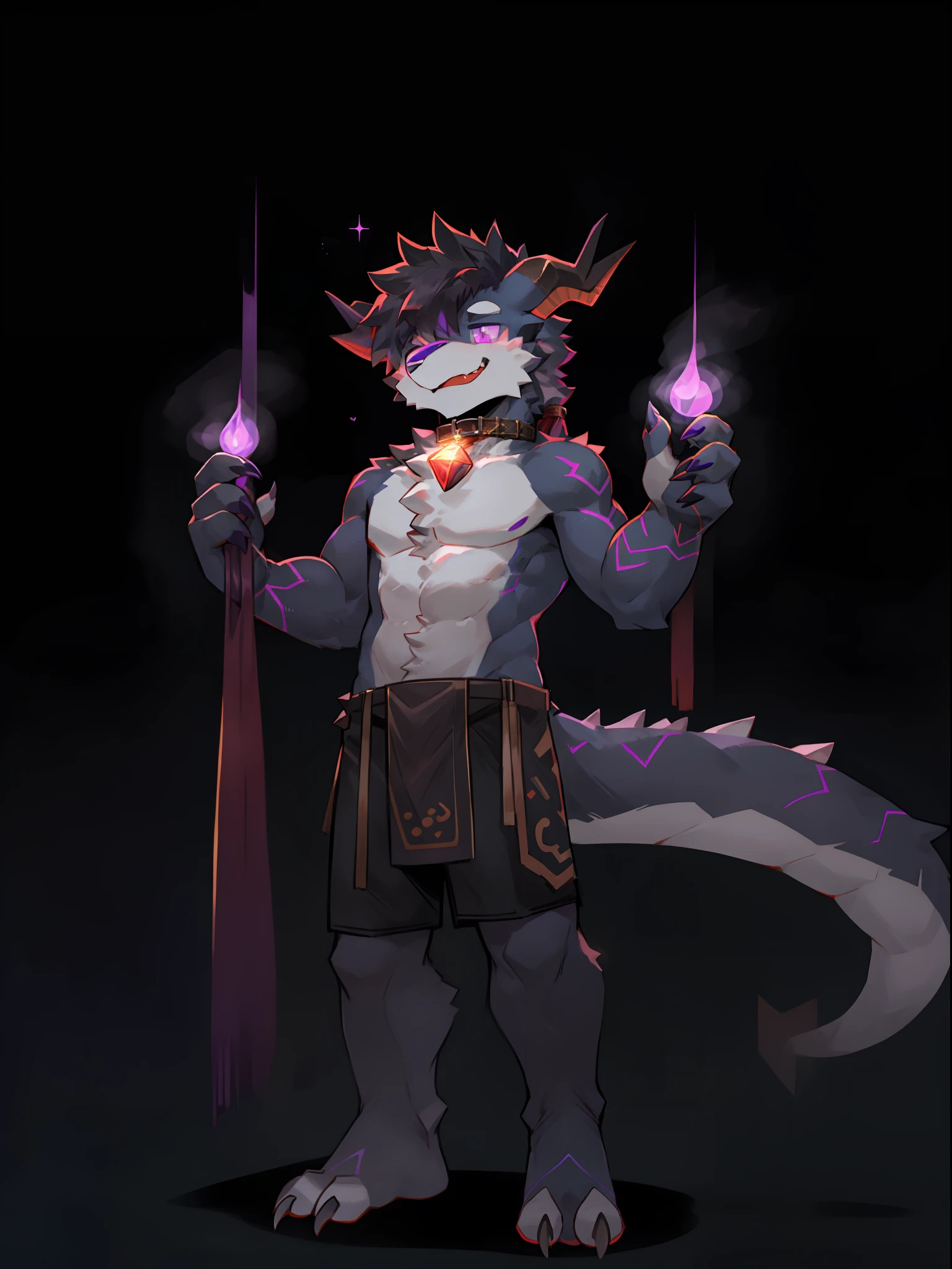 One guy,独奏,Full body like,shaggy male,hairy bodies,Correct anatomy,Detailed double eyes,glowing light eyes,Wearing a naked,Black loincloth,cabelos preto e longos,drak,shoun(thin tall body type),male people,There are small horns on the head,black-skinned,,red striped,Purple eye,Evil God,glowing light eyes,Sharp claws,with light glowing,Star eyes,Cute meat pad,Collar,adolable,Handsome,Evil charm,haughty,Large dragon tail,The whole body is like from head to toe,The Void,purple palace,Standing brainwashing,tongue stickout,The liquid runs down the lower gear,Have love for me,Character subjects