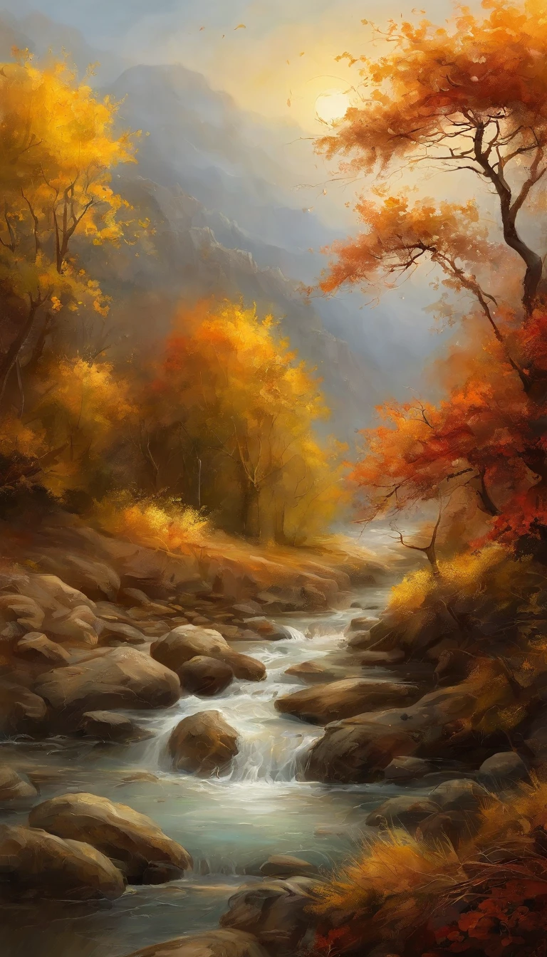 (Small bridges and flowing water,Ancient road west wind thin horse,Sunset,Broken intestines are at the end of the world)(Ancient trails lead into the distance),(A small arch bridge spans a small river,The river meanders into the distance),(The sky is windy,Fluttering yellow leaves),(A skinny white horse is pacing),(The vista is an oblique view of the sunset),(The afterglow of the setting sun shines through the clouds),(Autumn tones),(Ancient Chinese feng shui landscape painting style),(Masterpiece),(A complete painting),(Extremely detailed picture),(light and shadow effect),(Movie lighting),(cinema4d),(Light particle tracing),(rendering by octane),(Unreal 5),(Layered artistic effects),(Best Painting),(Master painting),(8K分辨率),photorealestic,realisticlying @Ray Ray