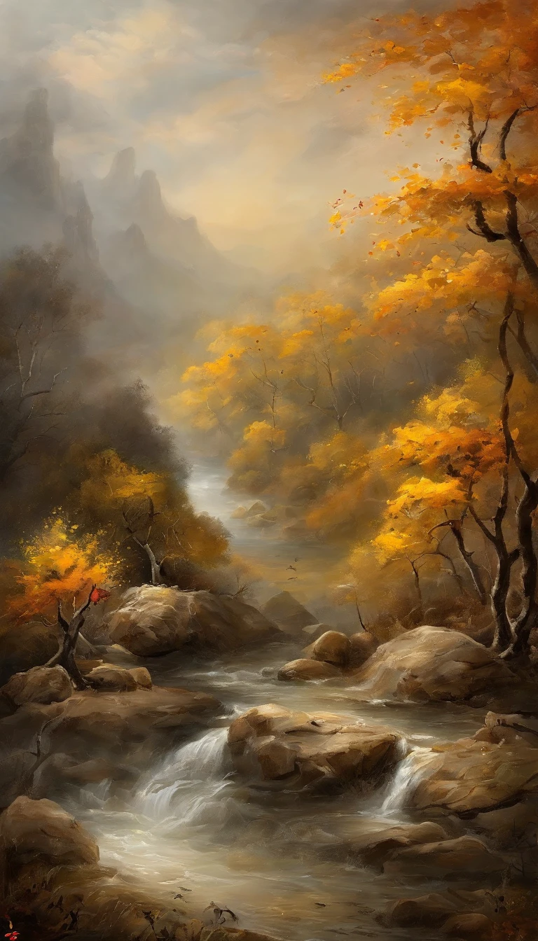 (Small bridges and flowing water,Ancient road west wind thin horse,Sunset,Broken intestines are at the end of the world)(Ancient trails lead into the distance),(A small arch bridge spans a small river,The river meanders into the distance),(The sky is windy,Fluttering yellow leaves),(A skinny white horse is pacing),(The vista is an oblique view of the sunset),(The afterglow of the setting sun shines through the clouds),(Autumn tones),(Ancient Chinese feng shui landscape painting style),(Masterpiece),(A complete painting),(Extremely detailed picture),(light and shadow effect),(Movie lighting),(cinema4d),(Light particle tracing),(rendering by octane),(Unreal 5),(Layered artistic effects),(Best Painting),(Master painting),(8K分辨率),photorealestic,realisticlying @Ray Ray
