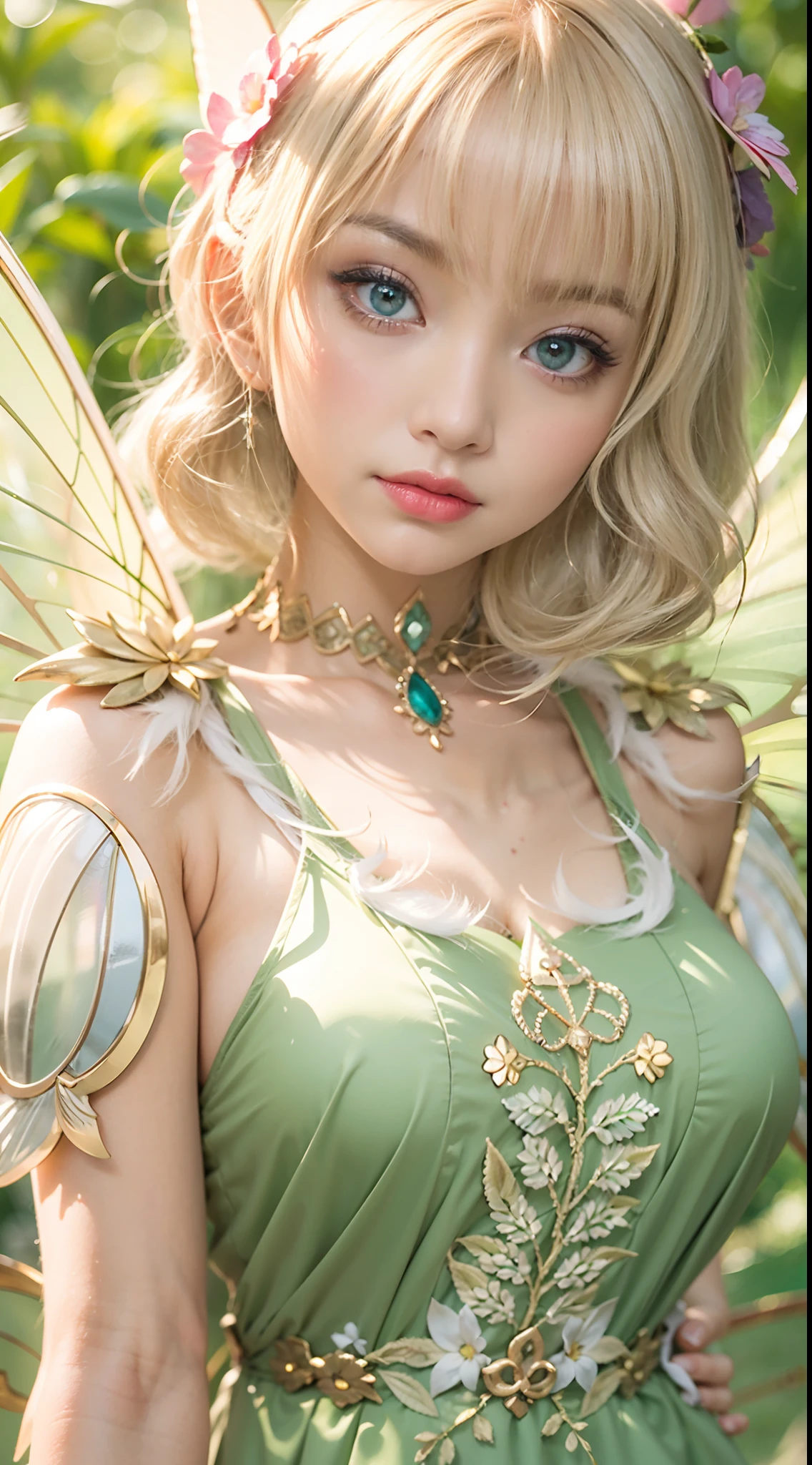 hyper realystic, macro, cannon 6d, Tinker Bell, fairy, gentle beautiful woman, golden hair, beautiful face, cute face, sly look, beautiful eyes, perfect green eyes, small short floral dress, full body, barefoot, cute sexy, pleasure, nude, transparent wings, soft colours, dinamic pose, perfect anatomy, high quality photo, hyper realistic, vintage aesthetic, fantasy aura, cinematic light, Centered image, human hands, elegant, approaching perfection, blured background of mystical forest