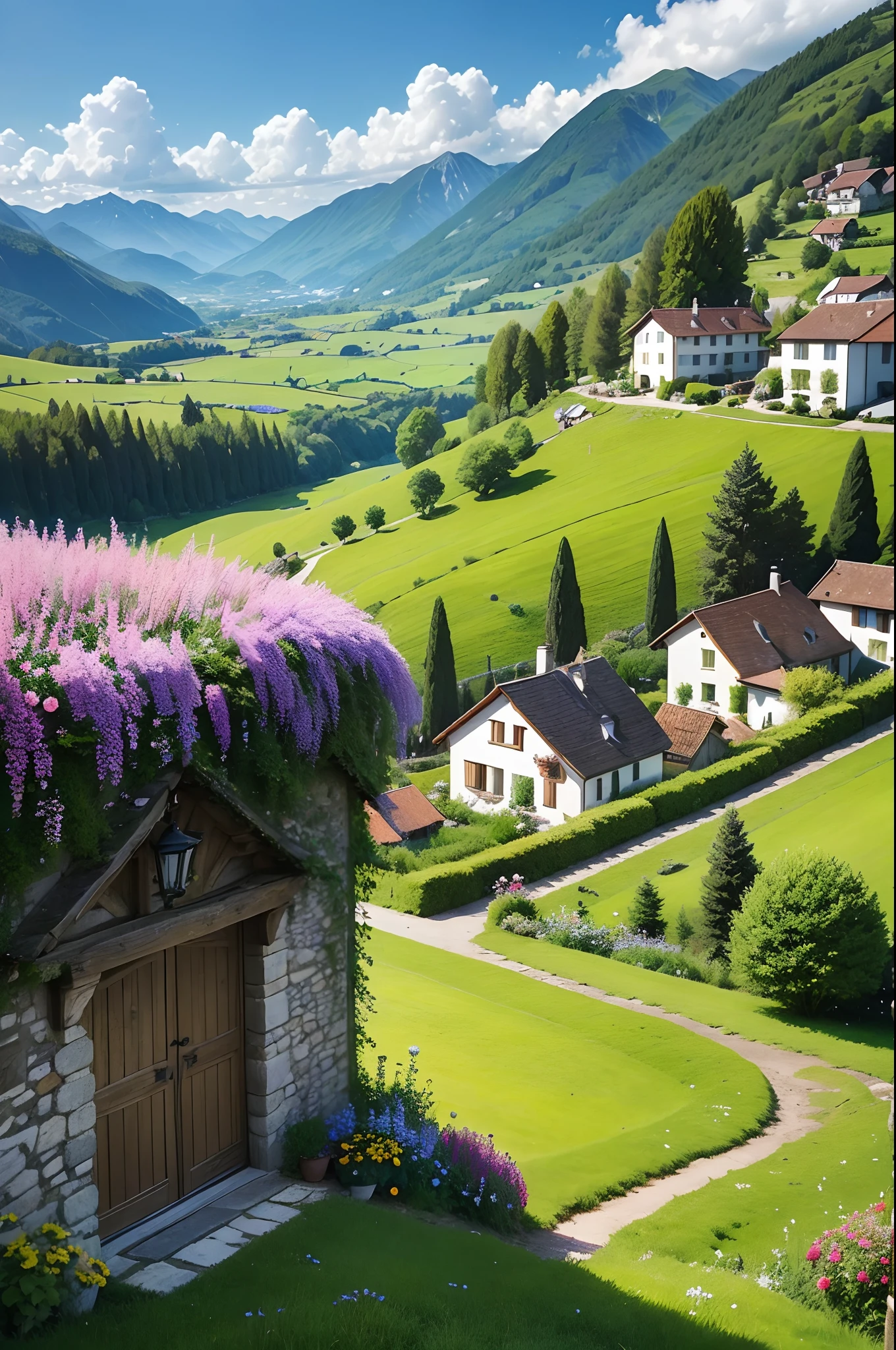 Peaceful and idyllic countryside, Rolling green hills dotted with grazing sheep, Charming villa,Set amidst vibrant flowers, Clear blue sky overhead, Evokes a sense of peace and simplicity, Valle encantador, switzerland, patches of green fields, lush countryside, Valle exuberante,An idyllic village in Milan,,verdant green fields,above a village,Rolling terraces,Colorful garden of flowers and plants,Alpine scenery in the Swiss countryside under the Alps,Carl Sessel Bern,Majestic nature, Swiss architecture, lindo cenario, rios,waterfallr