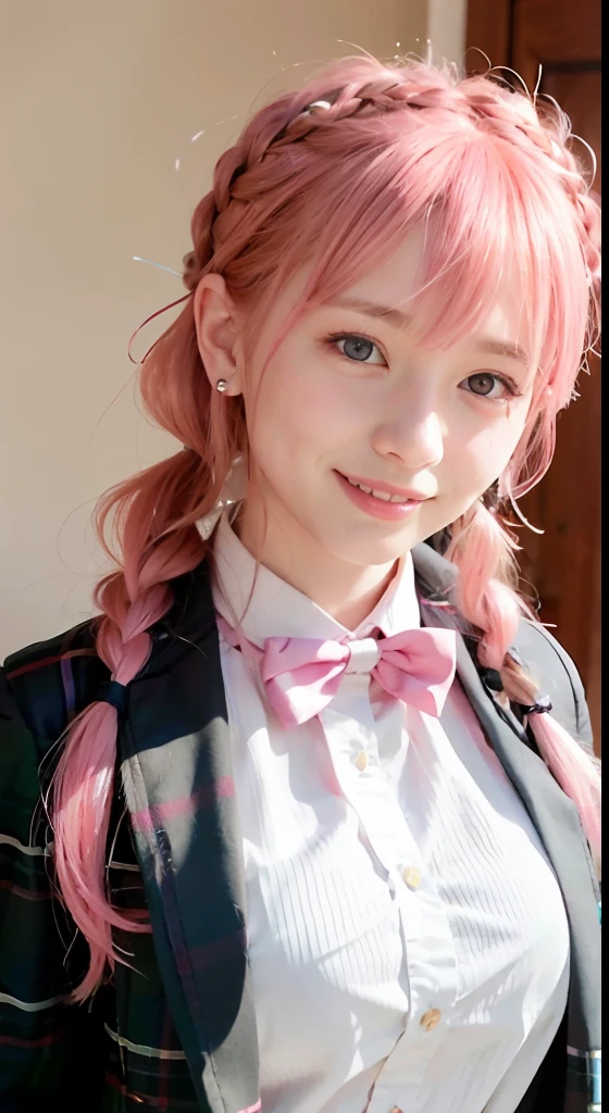 (ultra-detailliert), Tartan check jacket,high-school uniform、Blue eyes,The upper part of the body、a closeup、faces、(A smile:1.5),(facing front:1.2), 20yr old, s girl,no tail,(no tail),2D, masterpiece, top-quality, animesque, A detailed eye, A detailed face, girl with, Only 1 person,Medium hair with pink hair, (Pink hair), Ear Hair, small tits, Single braid, (Single braid), (Side braid), Pink ribbon, Ribbon around the neck, Background bokeh
