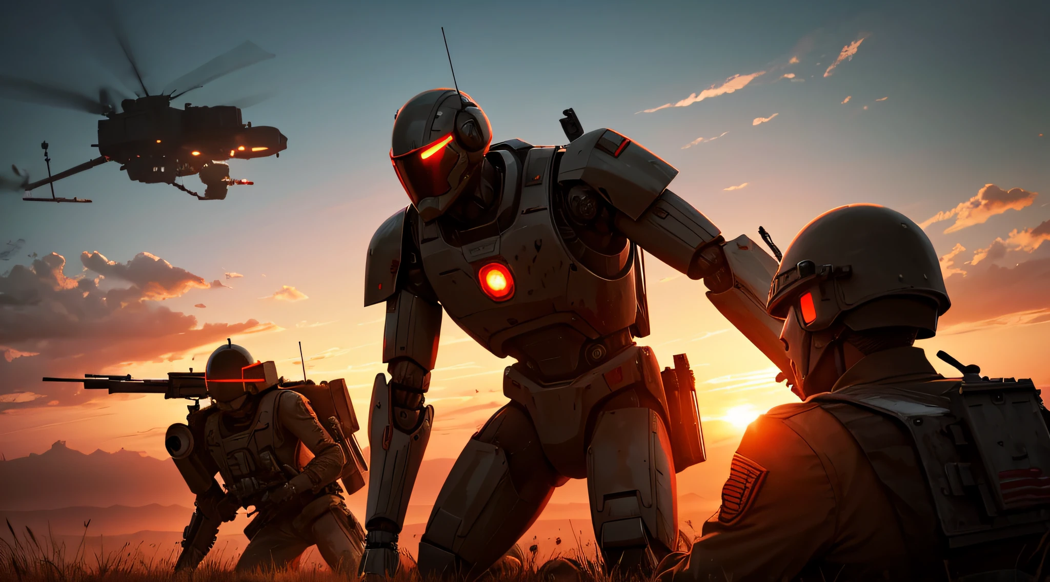 two soldier overlooking a battlefield war between humans and robot with sunset and blood, paint style