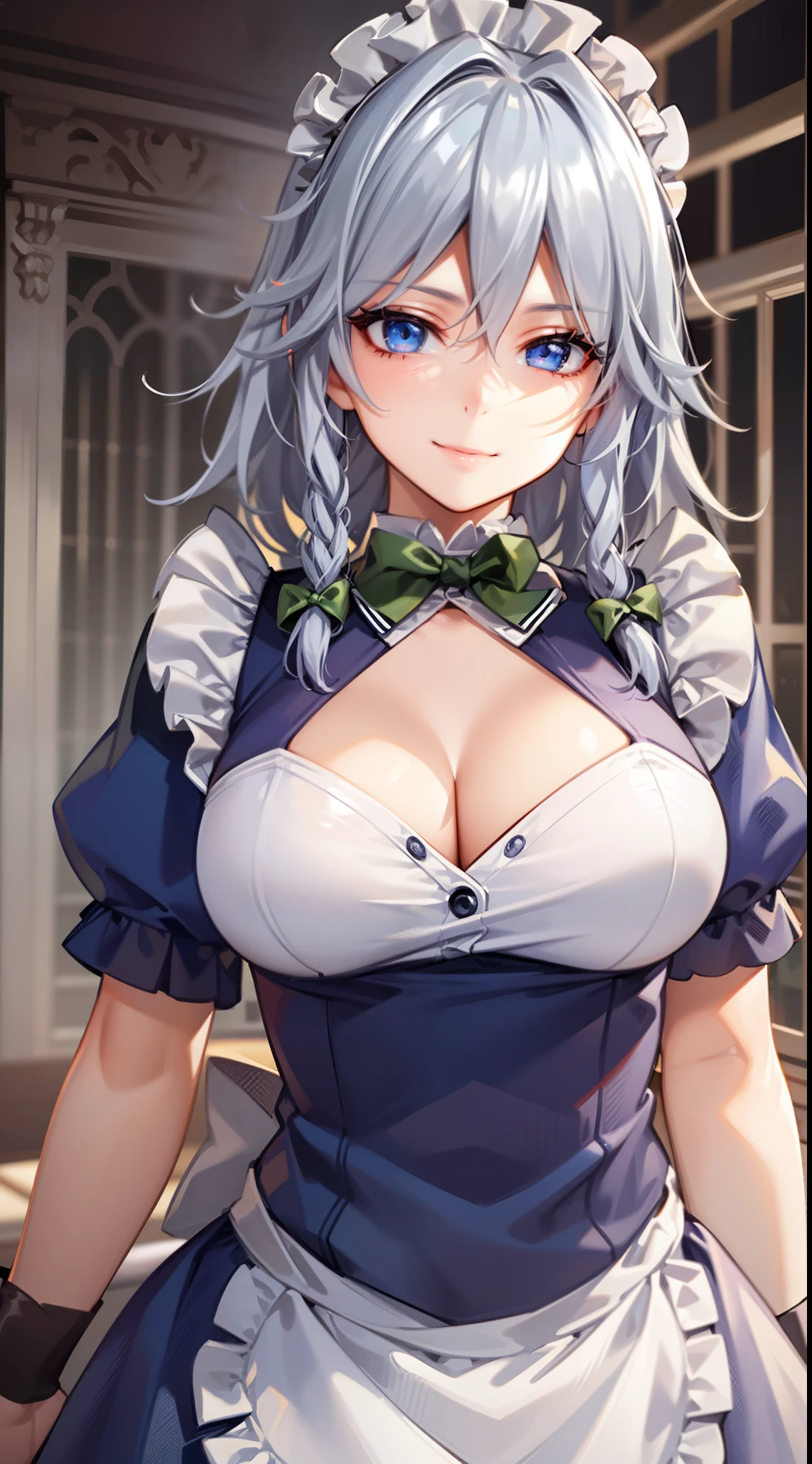 (Unity 16K Wallpaper, masutepiece, Best Quality, Ultra-detailed, extremely details CG, Cinematic lighting, Detailed, Beautiful detailed eyes, Solo),超A high resolution,Fine skin,A sexy,maid, maid apronl, Maid headdress,Knives,seductive smile,