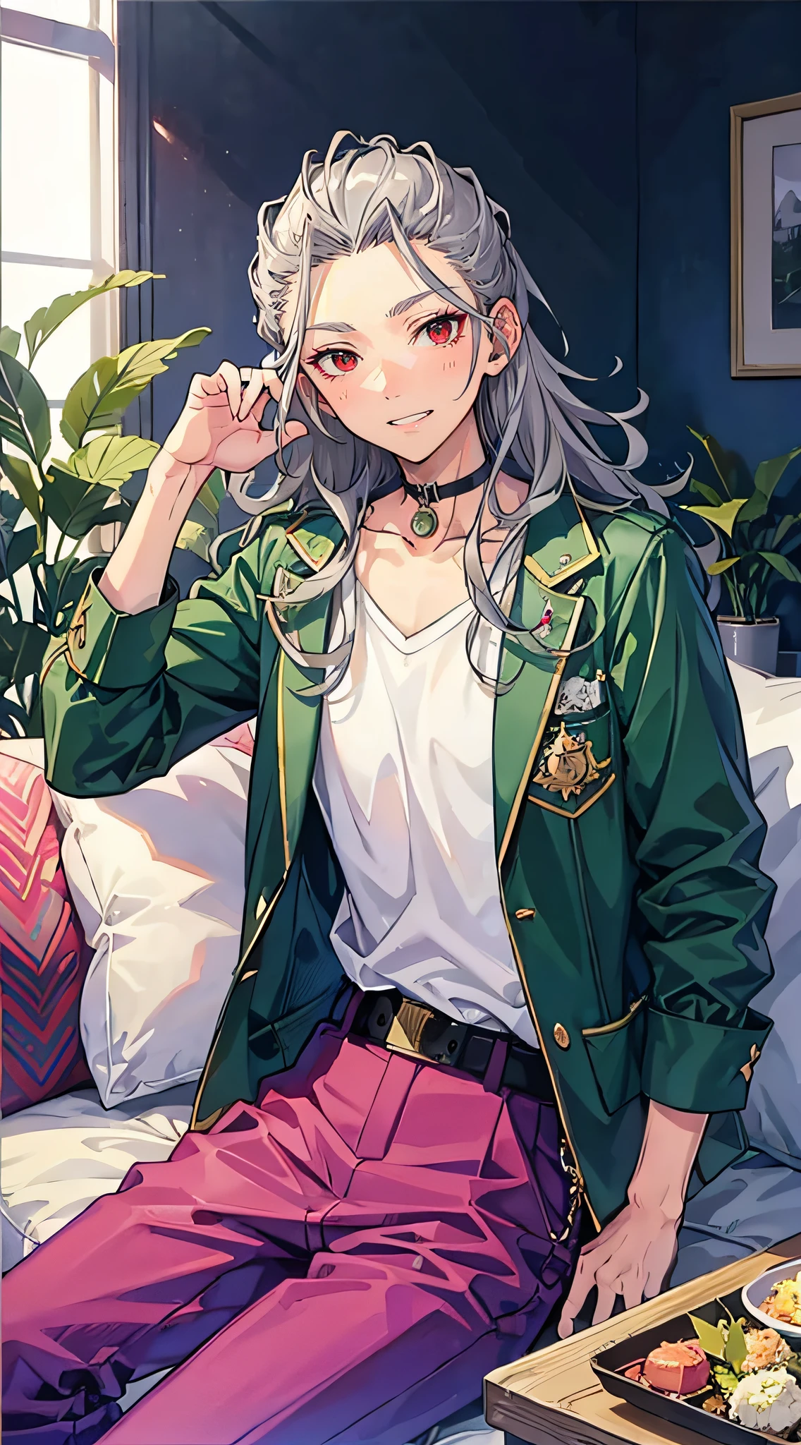 nagisaran, looking at viewer, smile, shirt, jewelry, choker, belt, pants, indoors, pillow, table, plant, couch, green jacket, potted plant, purple pants