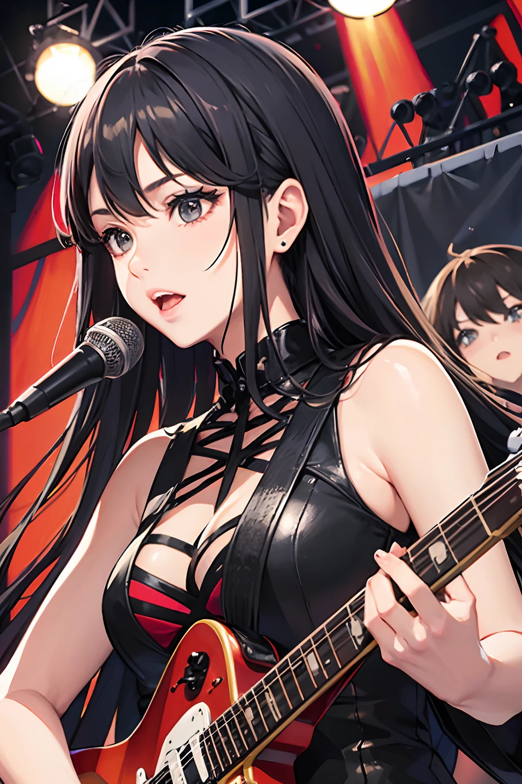 ​masterpiece、top-quality、High-quality images、hight resolution、8K、1womanl、独奏、detaileds、sharp、skin gloss、Lustrous hair、Texture of skin and clothes、Black Long Hair、Detailed eye depiction、Black and red stage costumes、rock band、guitarrist、hot air、concert、face painting