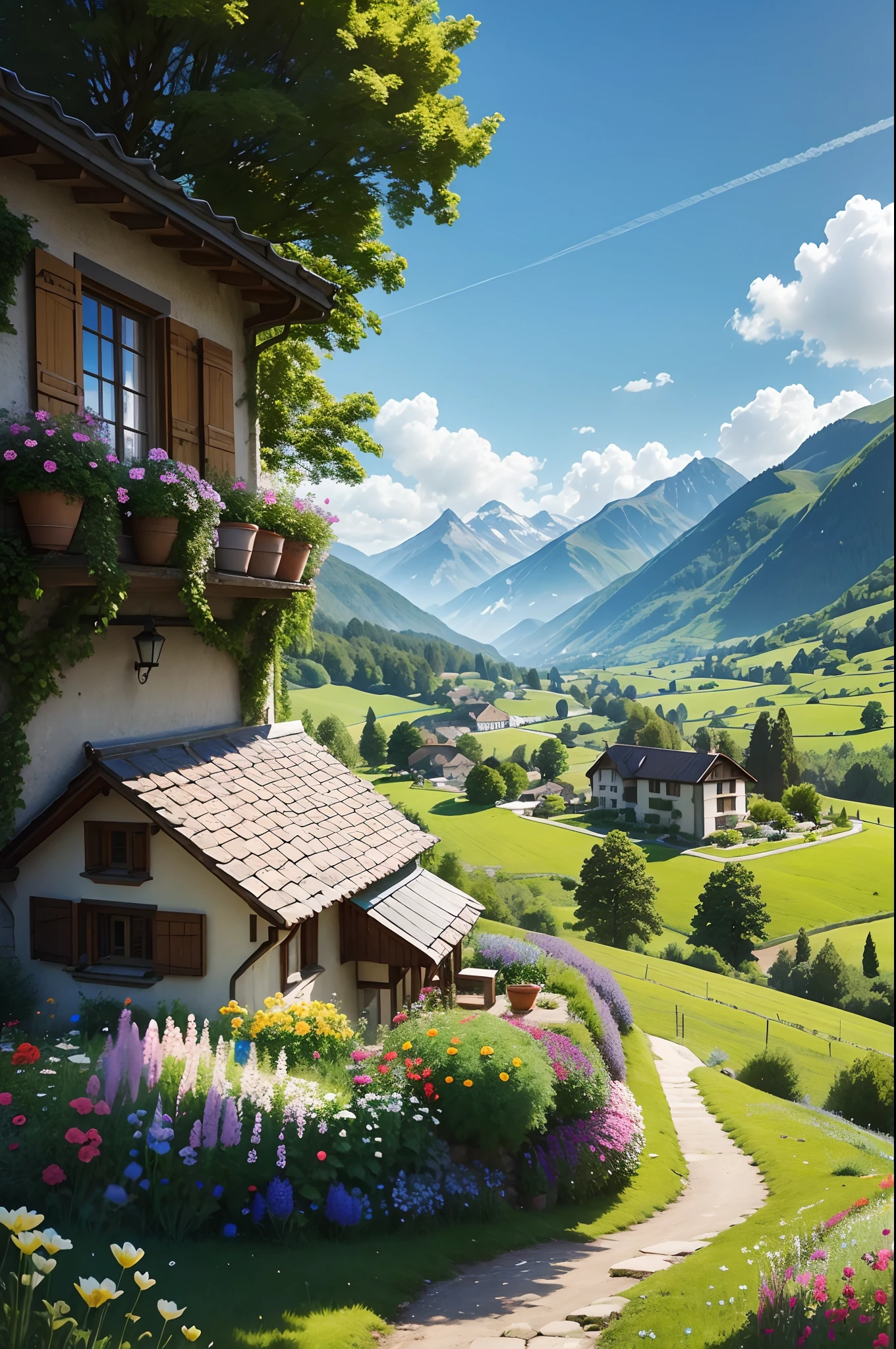Peaceful and idyllic countryside, Rolling green hills dotted with grazing sheep, Charming villa,Set amidst vibrant flowers, Clear blue sky overhead, Evokes a sense of peace and simplicity, Valle encantador, switzerland, patches of green fields, lush countryside, Valle exuberante,An idyllic village in Milan,,verdant green fields,above a village,Rolling terraces,Colorful garden of flowers and plants,Alpine scenery in the Swiss countryside under the Alps,Carl Sessel Bern,Majestic nature, Swiss architecture, lindo cenario, rios,waterfallr