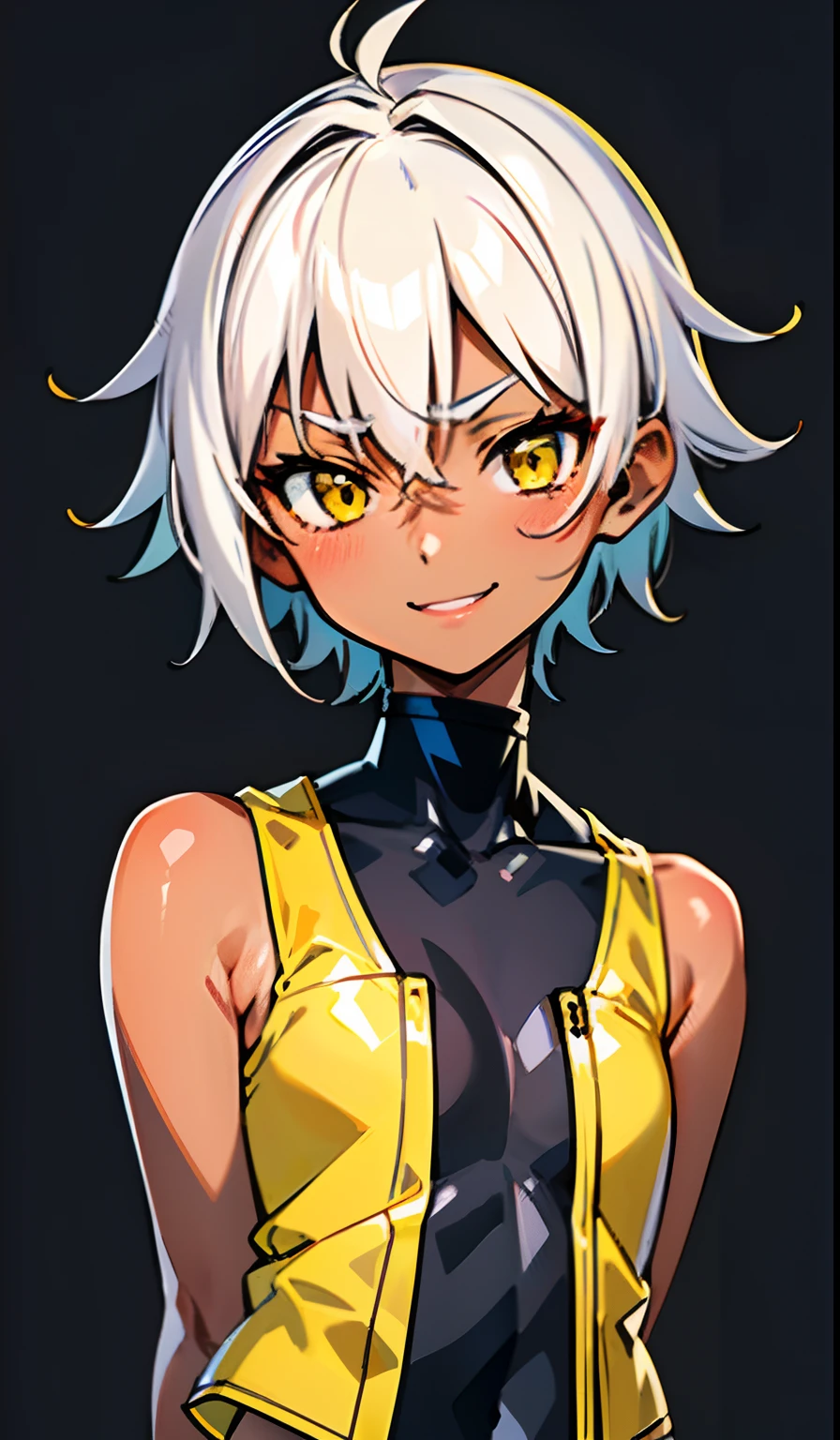 (best-quality:0.8), (best-quality:0.8), perfect anime illustration, simple background, one color background, half body shot, flat chest, face focus, dark skin, 1girl, white hair, very short haircut, yellow eyes, sleeveless jacket, short, tomboy, cute, smile, raised brow, looking at viewer, high resolution