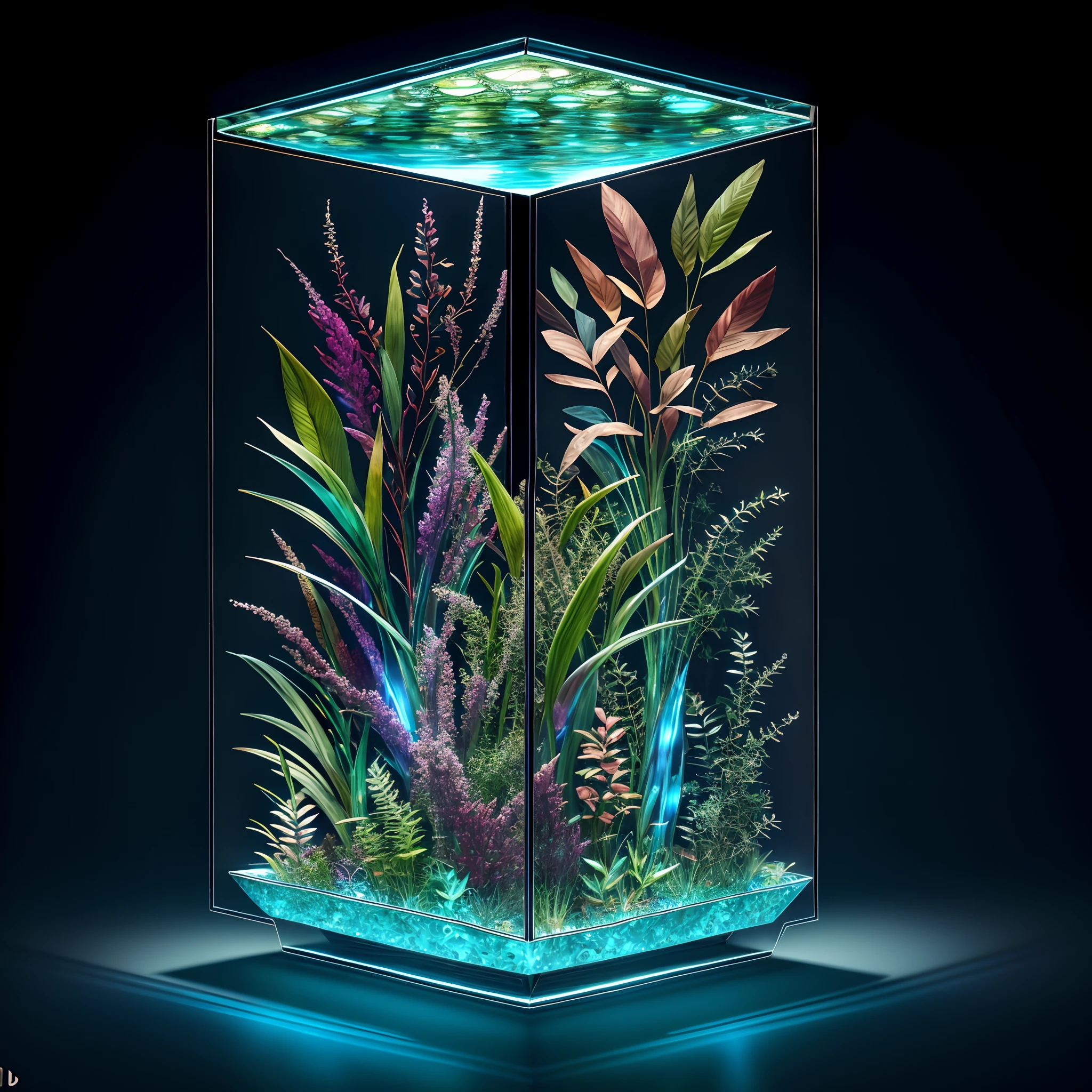 masterpiece of glass sculpture with plants inside, water, glowing, fantasy, high quality, high detail, best quality, rtx, 4k, 8k,