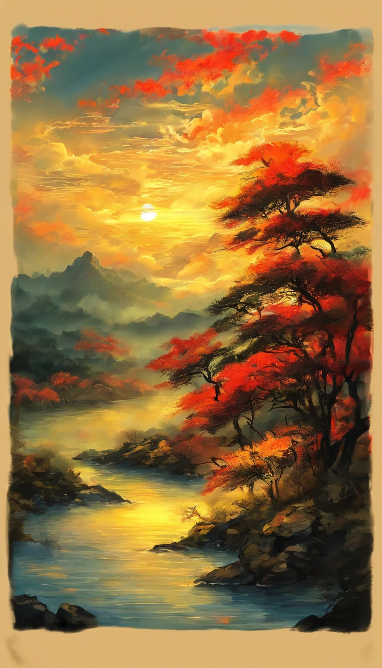 （Small bridges and flowing water，Ancient road west wind thin horse，Sunset，Broken intestines are at the end of the world）（Ancient trails lead into the distance），（A small arch bridge spans a small river，The river meanders into the distance），（The sky is windy，Fluttering yellow leaves），（A skinny white horse is pacing），（The vista is an oblique view of the sunset），（The afterglow of the setting sun shines through the clouds），（Autumn tones），（Ancient Chinese feng shui landscape painting style），（Masterpiece），（A complete painting），（Extremely detailed picture），（light and shadow effect），（Movie lighting），（cinema4d），（Light particle tracing），（rendering by octane），（Unreal 5），（Layered artistic effects），（Best Painting），（Master painting），（8K分辨率），photorealestic，realisticlying @Ray Ray