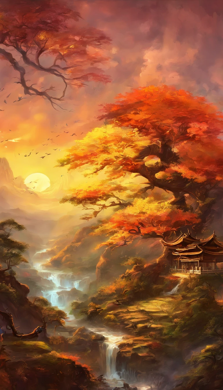 (Small bridges and flowing water,Ancient road west wind thin horse,Sunset,Broken intestines are at the end of the world)(Ancient trails lead into the distance),(A small arch bridge spans a small river,The river meanders into the distance),(The sky is windy,Fluttering yellow leaves),(A skinny white horse is pacing),(The vista is an oblique view of the sunset),(The afterglow of the setting sun shines through the clouds),(Autumn tones),(Ancient Chinese feng shui landscape painting style),(Masterpiece),(A complete painting),(Extremely detailed picture),(light and shadow effect),(Movie lighting),(cinema4d),(Light particle tracing),(rendering by octane),(Unreal 5),(Layered artistic effects),(Best Painting),(Master painting),(8K分辨率),photorealestic,realisticlying @Ray Ray