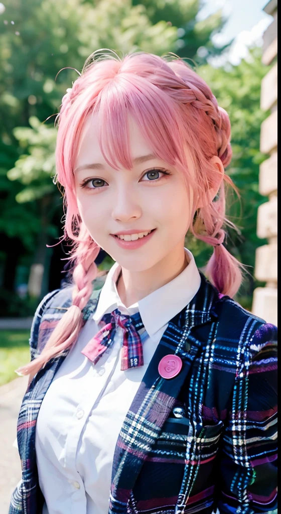 (ultra-detailliert), Tartan check jacket,high-school uniform、Blue eyes,The upper part of the body、a closeup、faces、(A smile:1.5),(facing front:1.2), 20yr old, teens girl,no tail,(no tail),2D, ​masterpiece, top-quality, animesque, A detailed eye, A detailed face, girl with, Only 1 person,Medium hair with pink hair, (Pink hair),  Ear Hair, small tits, Single braid, (Single braid), (Side braid), Pink ribbon, Ribbon around the neck, Background bokeh