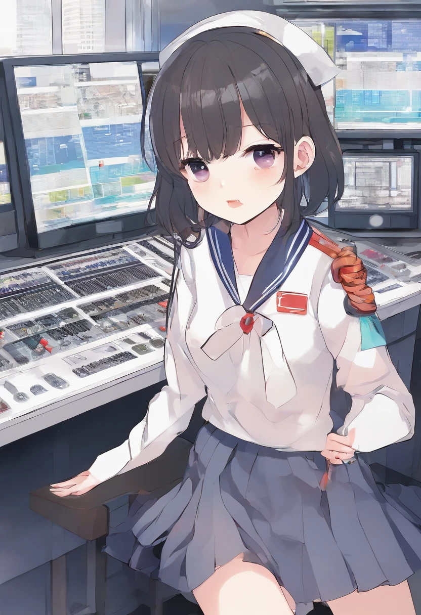 Man's daughter、a sailor suit、broadcast room、mixer、microphone、hime-cut、short-hair、A dark-haired