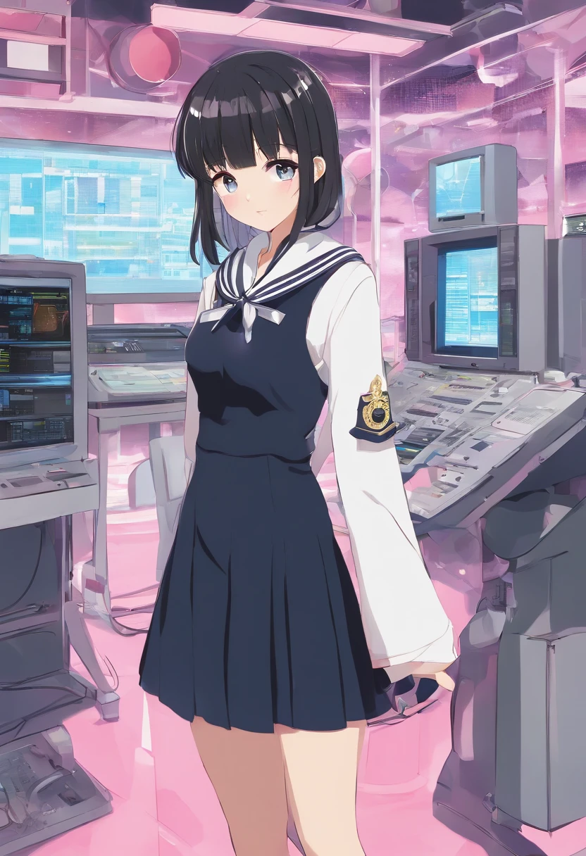 Man's daughter、a sailor suit、broadcast room、mixer、microphone、hime-cut、short-hair、A dark-haired