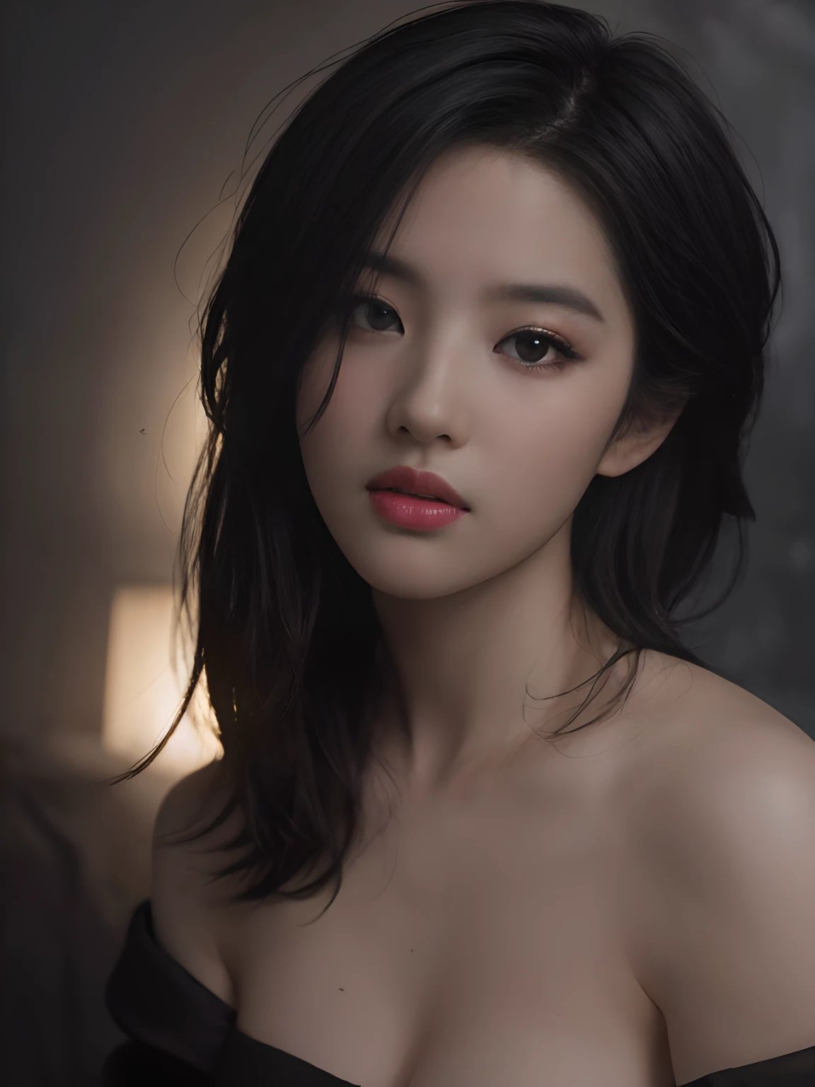 Best quality, masterpiece, ultra high res, (photorealistic:1.5), raw photo, 1girl, offshoulder, in the dark, deep shadow, low key, cold light, sexy look, short hair