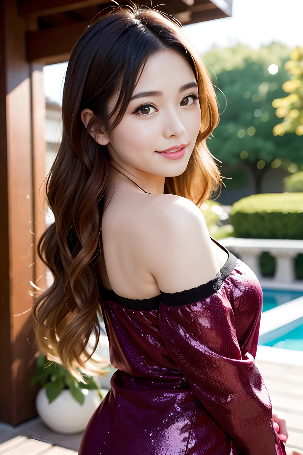 (8K、HDR、Hi-Res)、((((a picture、RAW Photography、Hyper-Realism、masterpiece、top-quality、超A high resolution))))、(Pin Light、back lighting、back lighting、ciinematic light)、foco nítido:1。4、(Hyper-detailing、finedetail)、cowboy shot、
1girl in、Face shaped like an egg、big, beautiful cat-like eyes、Cute and button-like nose、small and rather plump lips,、thick eyebrow、Long and beautiful eyelashes。The whole makeup is transparent、There is a pink touch and sparkling lip gloss on the cheeks。The hairstyle is medium hair with wavy waves。Random and sexy poses,Random situations、A smile、bokeh feeling、natural、Beautiful resort scenery、Bright sunshine、25-years old、(Drooping eyes 1.5)、Adult beauty、natural、japanes、Wearing long-sleeved clothing、