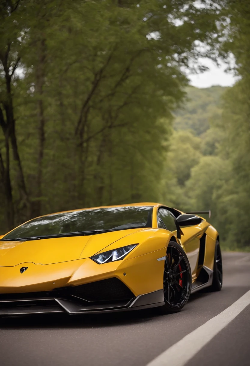 A Lamborghini with liberty walk bodykit, walk in motion on a scenic road, Masterpiece, realistic, hd, modified, nismo, hi performance, high speed, Don’t make photos too cartoony. Showing the integration between the car and the environment.