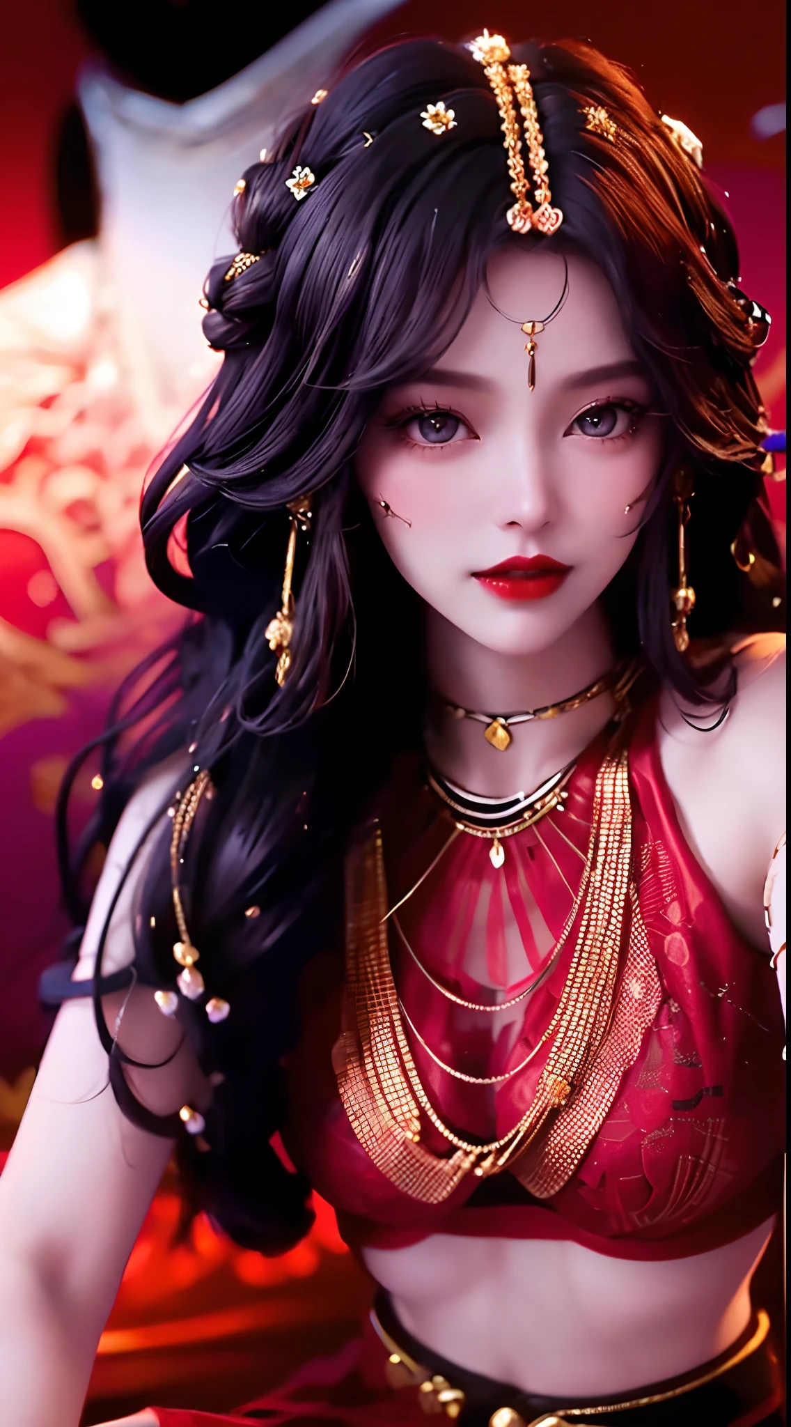 1 beautiful and sexy 20 year old girl, ((wearing a super thin red dress:1.6)), dress with diamonds, ((long purple-black hair:1.6)), bangs, elaborate jewelry made from stones noble and beautiful hair, ((wearing a black lace necklace:1.4))), noble, noble style of an extremely beautiful girl, super cute little face, very pretty face, fur thin eyebrows, flawless beautiful face, ((black eye pupils: 0.8)), very beautiful eyes, ((black eyes: 1.6)), beautiful makeup and detailed hairdo, eyelashes, eye makeup wet, high nose, earrings, red lips, ((closed mouth: 1;5 )) beautiful lips, slim hands, ((arms spread out to the sides: 1.5)), rosy face, clean face, flawless beautiful face, smooth white skin, (big breasts: 1.5)), ((high breasts: 1.6)), firm breasts, nice cleavage, (((big and super round breasts: 1.8))) , ((super firm breasts: 1.7)) , beautiful breasts, perfect body, (((sitting position, leaning back and hands behind: 1.5))), ((chest puffed out: 1.5)) , don't be shy, 8k photos, super high quality, super realistic, super 10x pixels, optical, bright studio, bright edges, two-tone lighting, (high detail skin:1.2), super 8k, soft lighting , high quality, volumetric light, optical, optical high resolution, light, best photo, 4k, 8k quality, blur effect, smooth sharpness, 10 x pixels, ((flower red background:1.5)), aurora, lightning, super realistic graphics, most realistic graphics, alone, solo, Extremely sharp, surreal images, (((frontal portrait: 1.6)))."