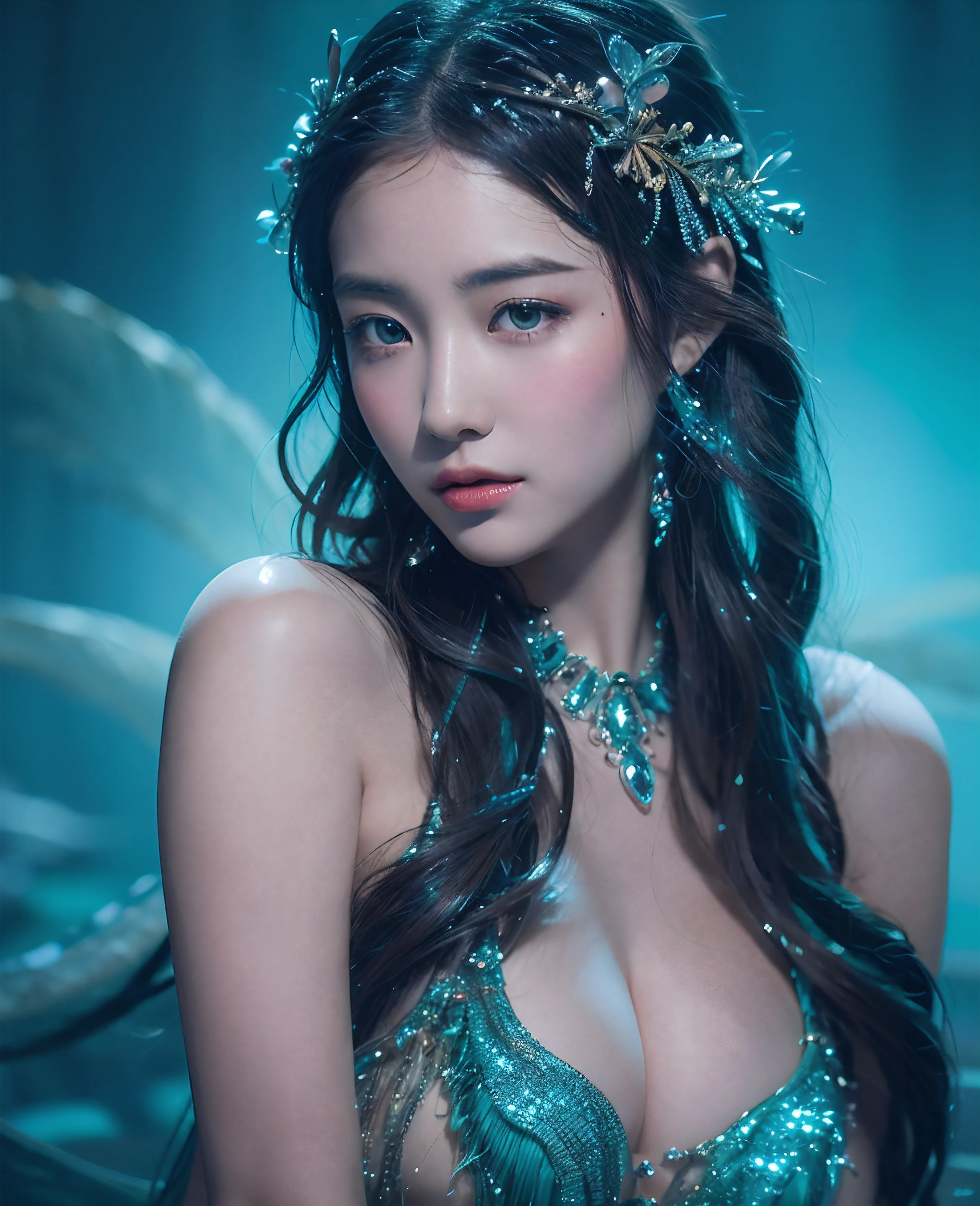 Dive into the depths of imagination with a stunning portrait of a sea nymph, adorned with shimmering scales and cascading locks of seaweed hair, highly detailed, HD resolution