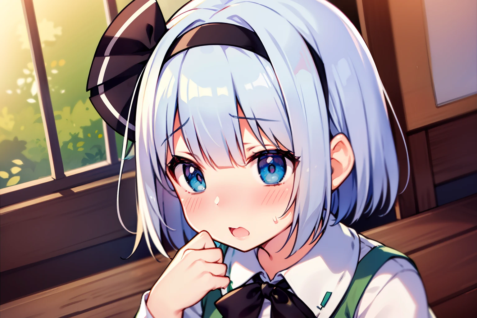 konpaku youmu、beautiful countenance、Highlights in the eyes、(embarrassed from)、with blush cheeks、shortsleeves、Petite