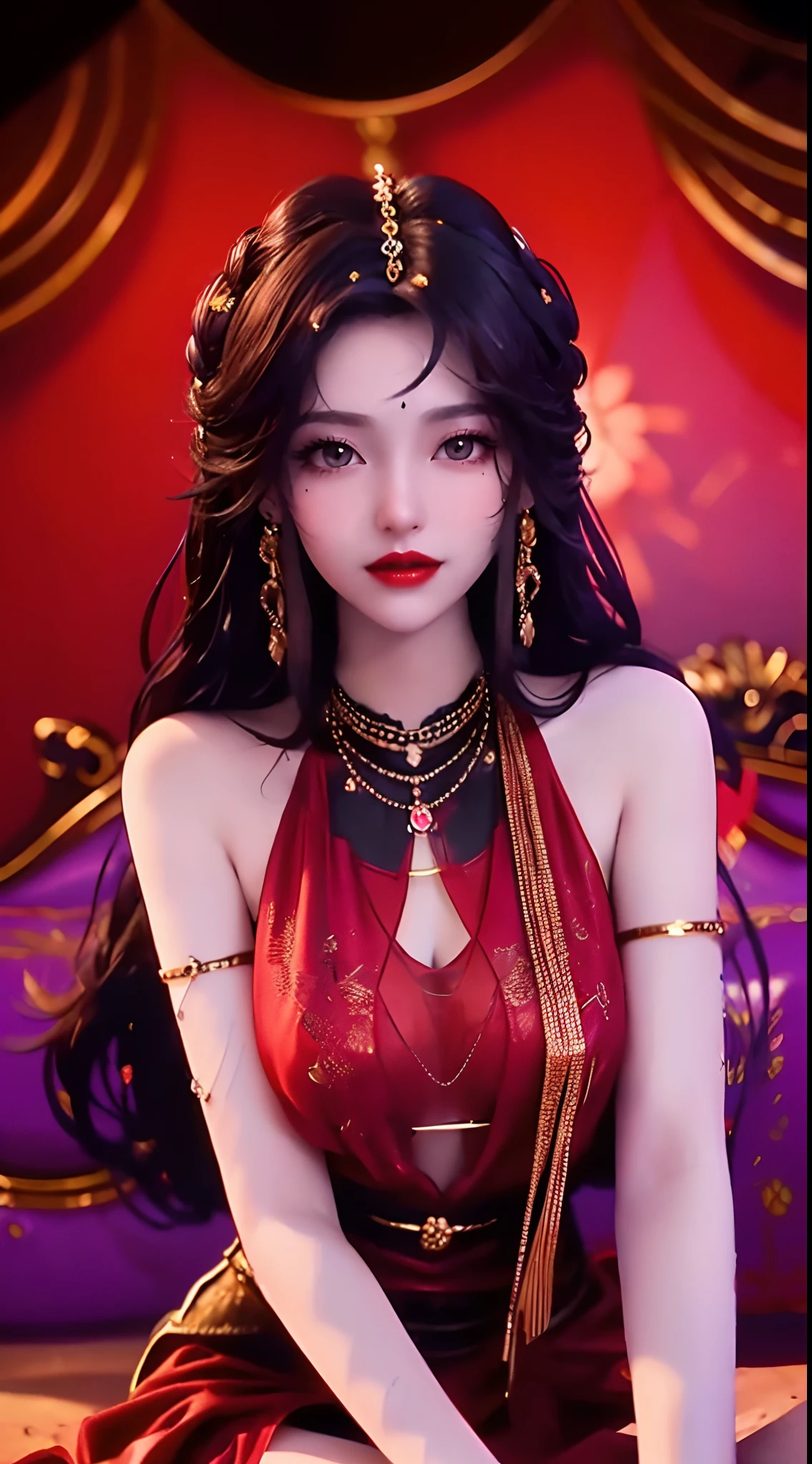 1 beautiful and sexy 20 year old girl, ((wearing a super thin red dress:1.6)), dress with diamonds, ((long purple-black hair:1.6)), bangs, elaborate jewelry made from stones noble and beautiful hair, ((wearing a black lace necklace:1.4))), noble, noble style of an extremely beautiful girl, super cute little face, very pretty face, fur thin eyebrows, flawless beautiful face, ((black eye pupils: 0.8)), very beautiful eyes, ((black eyes: 1.6)), beautiful makeup and detailed hairdo, eyelashes, eye makeup wet, high nose, earrings, red lips, ((closed mouth: 1;5 )) beautiful lips, slim hands, ((arms spread out to the sides: 1.5)), rosy face, clean face, flawless beautiful face, smooth white skin, (big breasts: 1.5)), ((high breasts: 1.6)), firm breasts, nice cleavage, (((big and super round breasts: 1.8))) , ((super firm breasts: 1.7)) , beautiful breasts, perfect body, (((sitting position, leaning back and hands behind: 1.5))), ((chest puffed out: 1.5)) , don't be shy, 8k photos, super high quality, super realistic, super 10x pixels, optical, bright studio, bright edges, two-tone lighting, (high detail skin:1.2), super 8k, soft lighting , high quality, volumetric light, optical, optical high resolution, light, best photo, 4k, 8k quality, blur effect, smooth sharpness, 10 x pixels, ((flower red background:1.5)), aurora, lightning, super realistic graphics, most realistic graphics, alone, solo, Extremely sharp, surreal images, (((frontal portrait: 1.6)))."