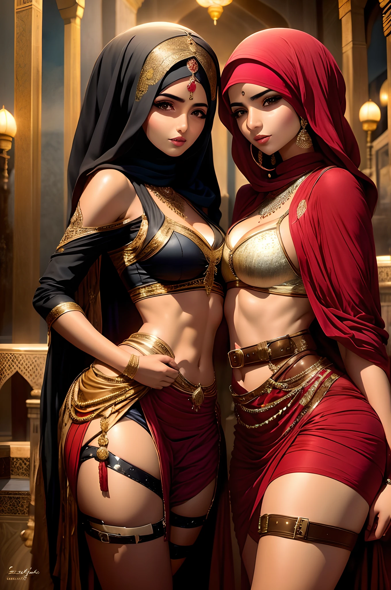 Mavtan Moroccan Islamic surreal super detail,a couple of lesbians,dynamic pose,stroking,touching each other,fantastical belt,