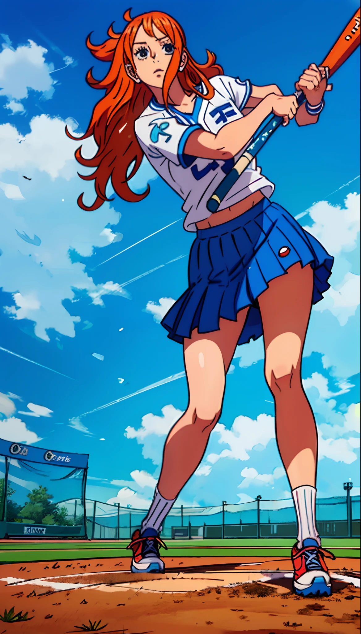 masterpiece, best quality, nami \(one piece\), a woman in a skirt holding a baseball bat on a baseball field, long hair, orange hair, white shirt, blue skirt, sport shoes,