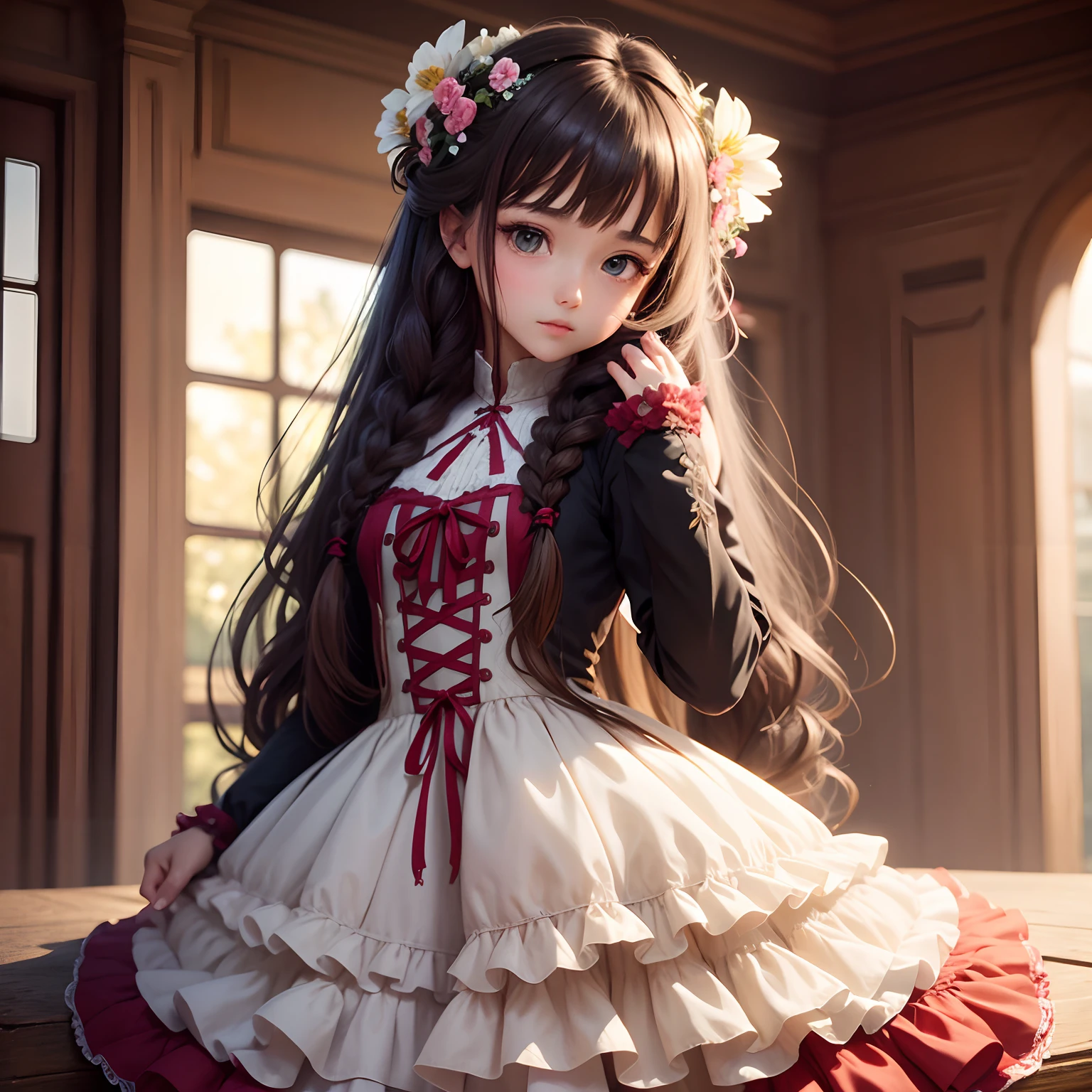 layered dress,Long hair braid,a beauty girl,I'm happy to open my mouth a little,Fine fingers,Fine hands,Fine details,Best Quality,There are a lot of flowers