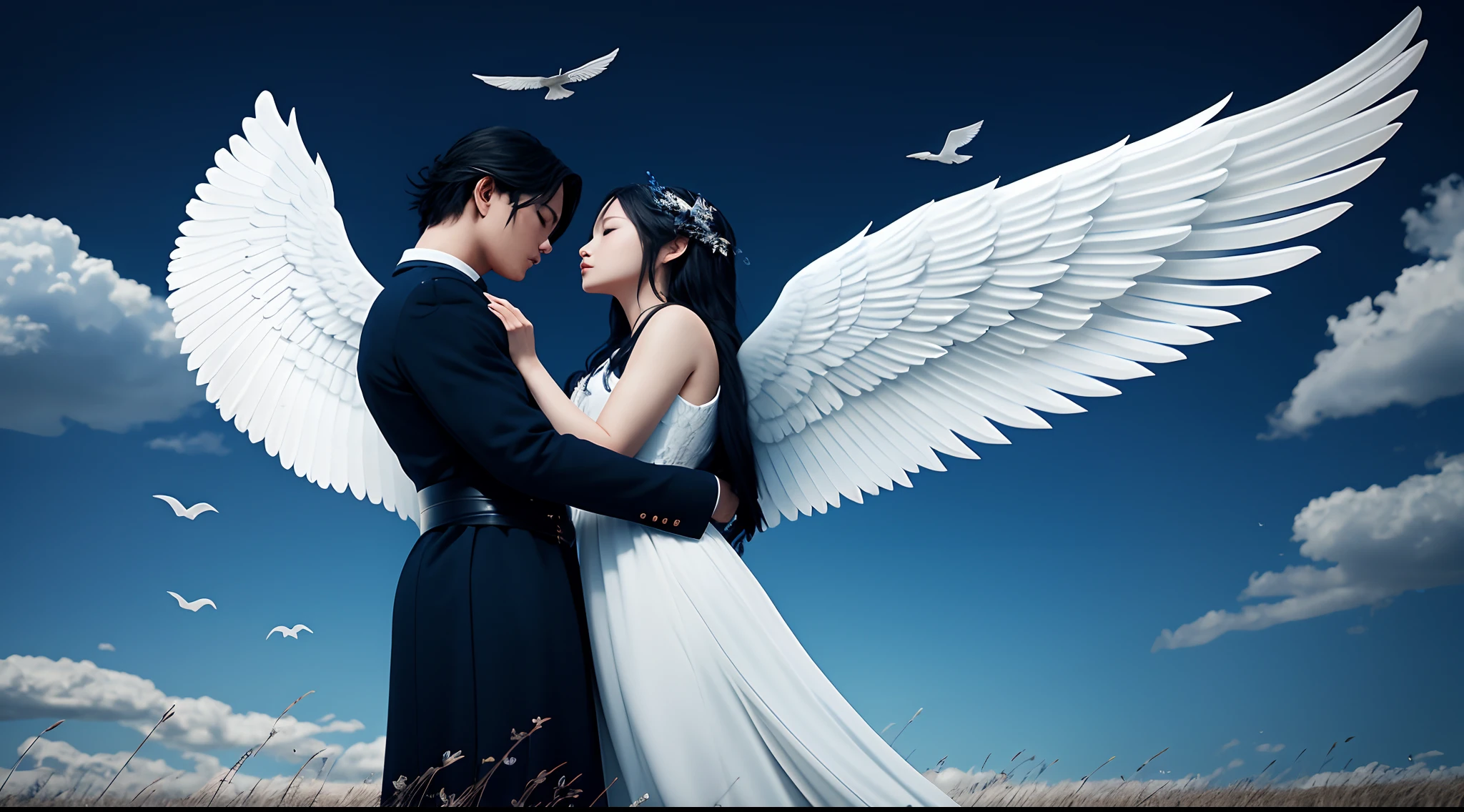 They stood in a dark blue sky、A few white wings in the field, wings are clouds of darkness, With wings, romance fantasy movie, ethereal wings, angel with black wings, shot with canon eoa 6 d mark ii, with real wings, angel protecting woman, angelic and unsettling, eros and thanatos, Movie romance and magic,