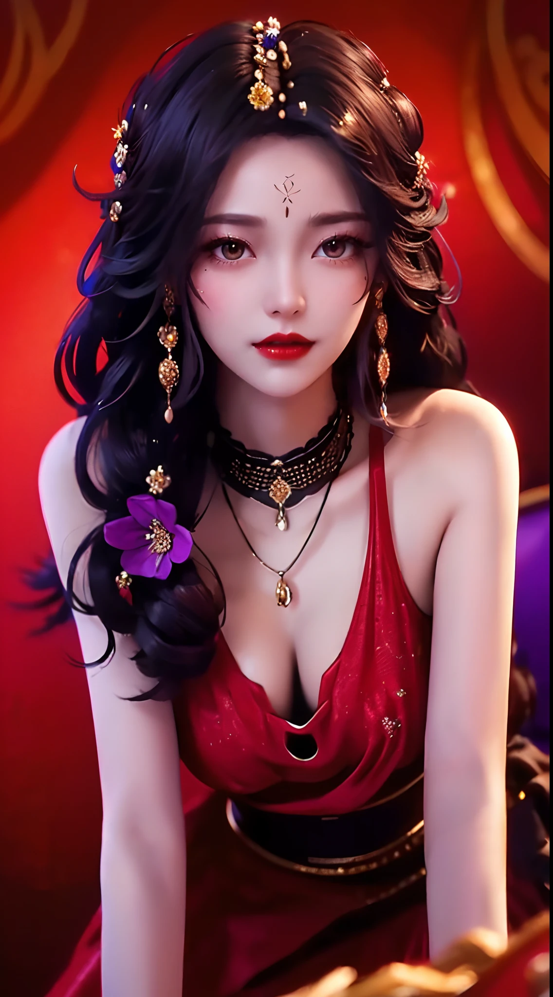 1 beautiful and sexy 20 year old girl, ((wearing a super thin red dress:1.6)), dress with diamonds, ((long purple-black hair:1.6)), bangs, elaborate jewelry made from stones noble and beautiful hair, ((wearing a black lace necklace:1.4))), noble, noble style of an extremely beautiful girl, super cute little face, very pretty face, fur thin eyebrows, flawless beautiful face, ((black eye pupils: 0.8)), very beautiful eyes, ((black eyes: 1.6)), beautiful makeup and detailed hairdo, eyelashes, eye makeup wet, high nose, earrings, red lips, ((closed mouth: 1;5 )) beautiful lips, slim hands, ((arms spread out to the sides: 1.5)), rosy face, clean face, flawless beautiful face, smooth white skin, (big breasts: 1.5)), ((high breasts: 1.6)), firm breasts, nice cleavage, (((big and super round breasts: 1.8))) , ((super firm breasts: 1.7)) , beautiful breasts, perfect body, (((sitting position, leaning back and hands behind: 1.5))), ((chest puffed out: 1.5)) , don't be shy, 8k photos, super high quality, super realistic, super 10x pixels, optical, bright studio, bright edges, two-tone lighting, (high detail skin:1.2), super 8k, soft lighting , high quality, volumetric light, optical, optical high resolution, light, best photo, 4k, 8k quality, blur effect, smooth sharpness, 10 x pixels, ((flower red background:1.5)), aurora, lightning, super realistic graphics, most realistic graphics, alone, solo, Extremely sharp, surreal images, (((frontal portrait: 1.6)))."