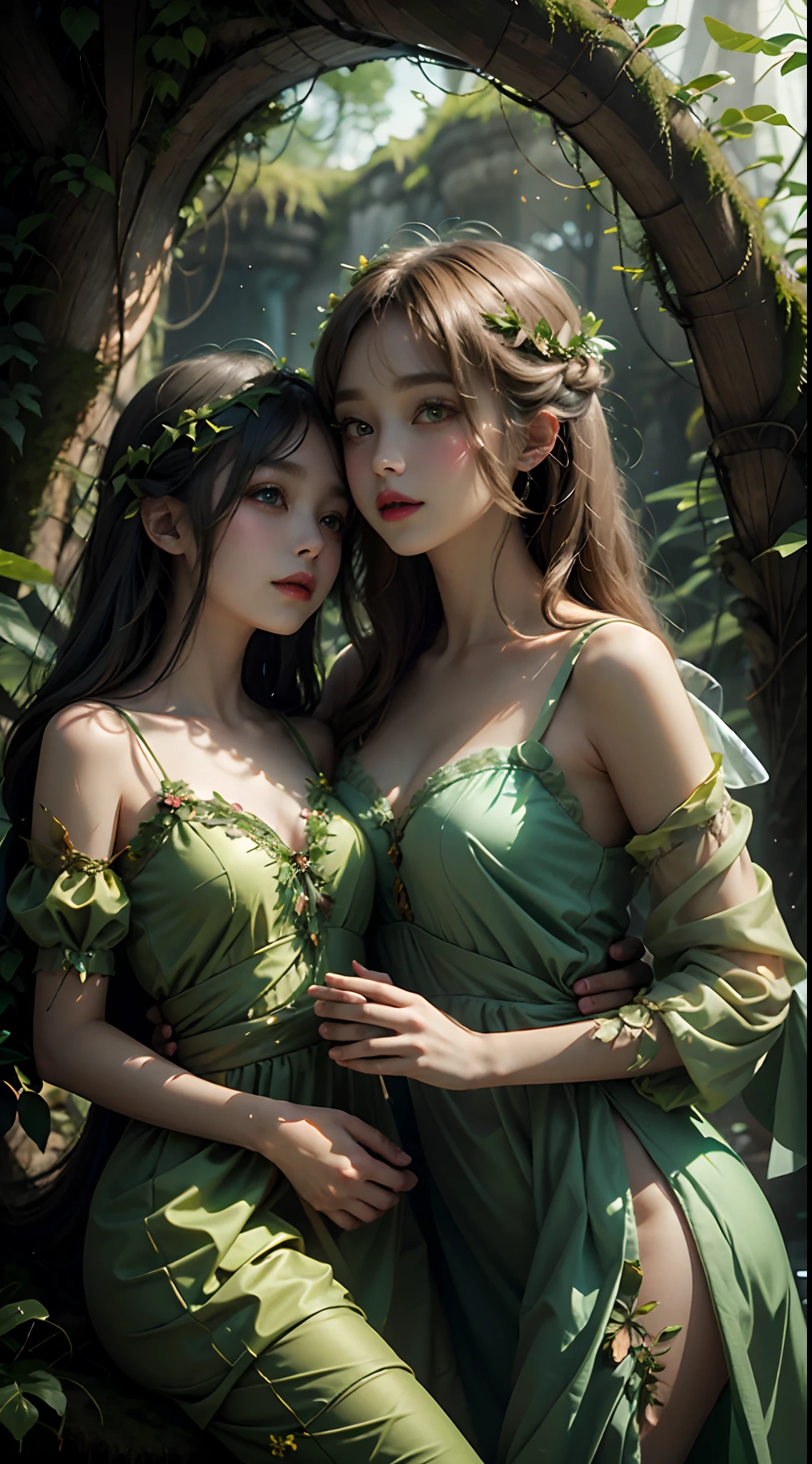 1 20-year-old girl, fairy princess, green clothes, nature clothes, nature panorama, sweet, beauty gril, twin sister. Magic light
