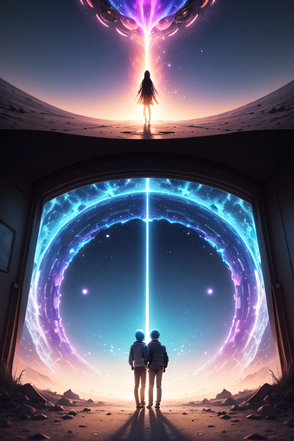 a psychedelic portal between two worlds opens, we can see a beautiful and detailed world on the other side where a detailed ufo flies. a guy and a girl observe the scene before crossing. on the first side we see honey running down the walls.
